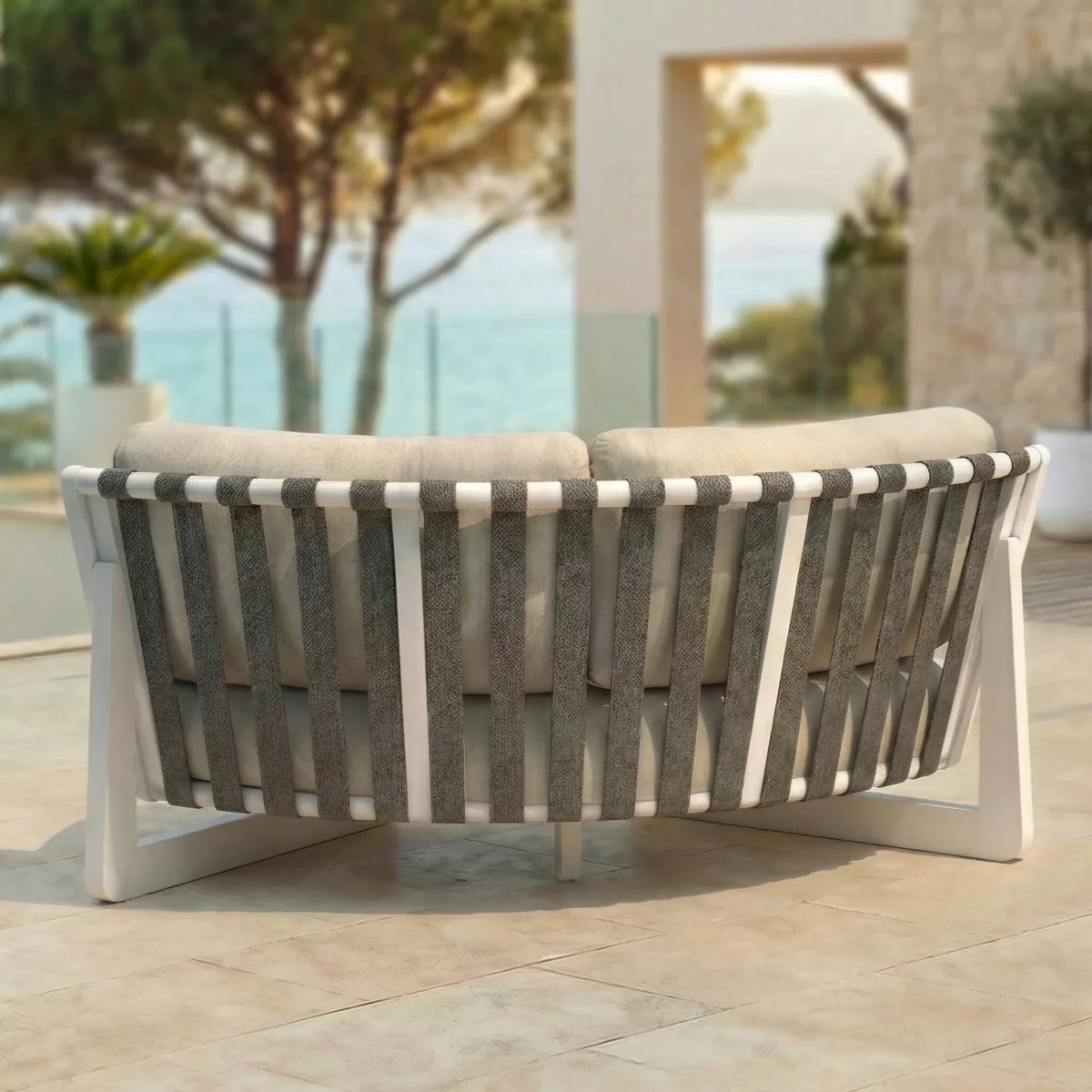 Set angolare da giardino in alluminio 7 posti 7 pezzi Long Beach Bianco cenere e beige
