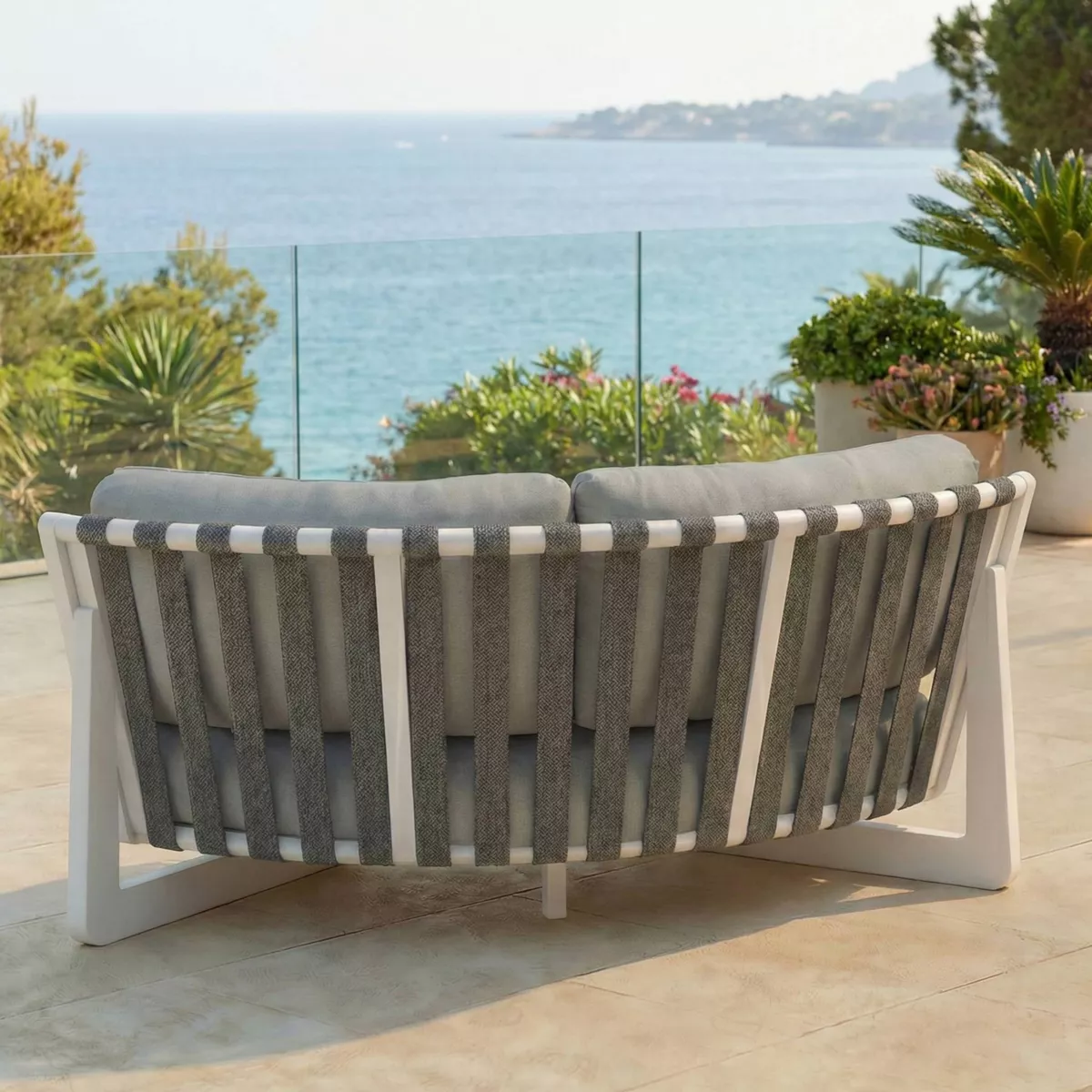 Set angolare da giardino in alluminio 6 posti Long Beach Bianco cenere e grigio chiaro