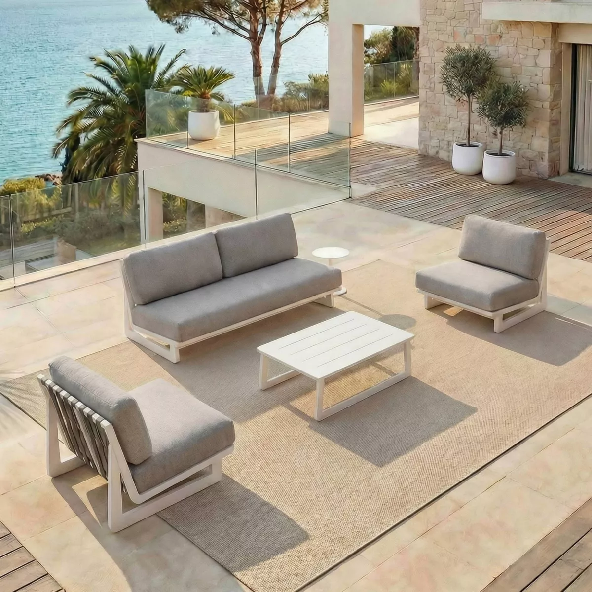 Aluminium Gartenmöbel-Set 4 Personen 4-teilig Long Beach Aschweiß und Taupe