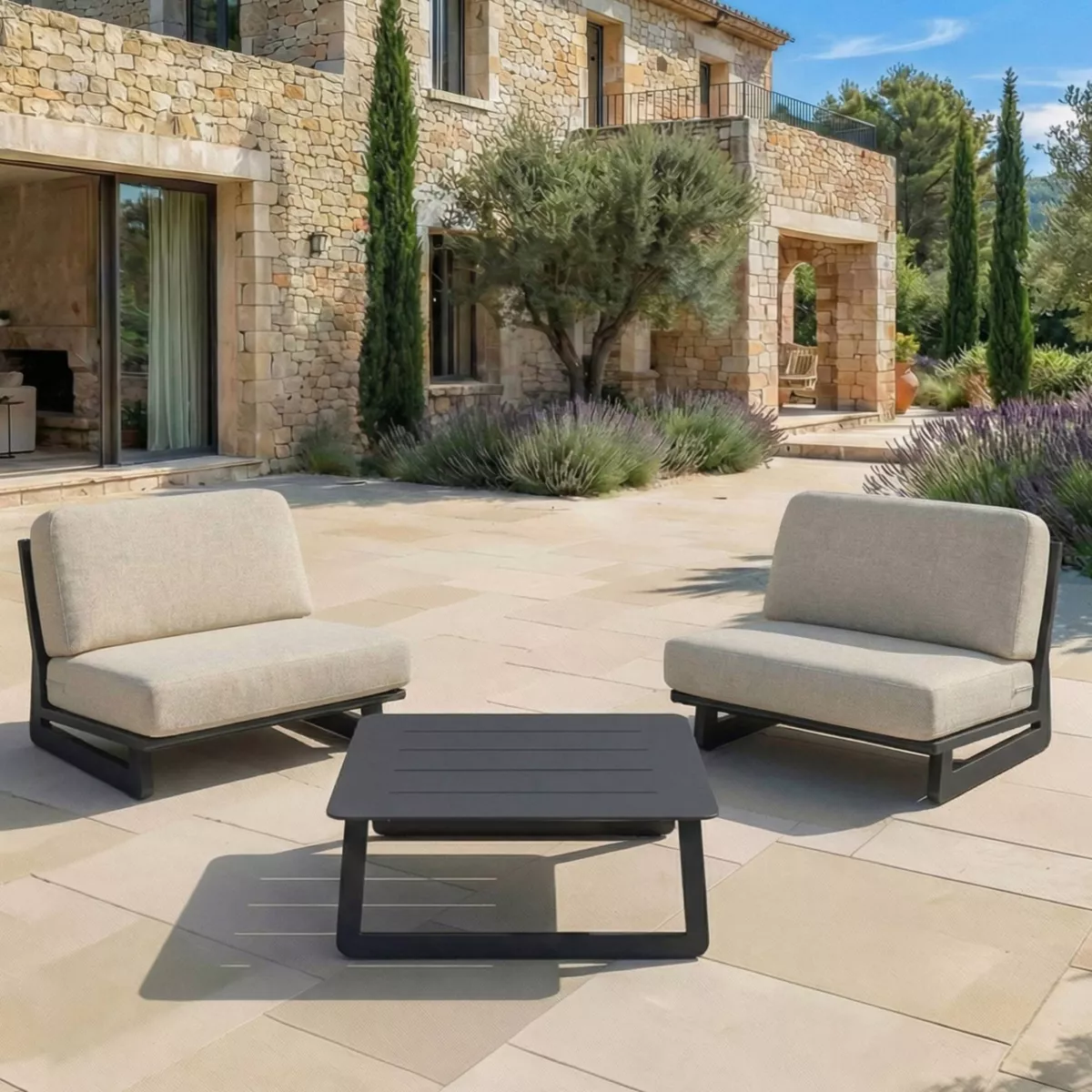 Set da giardino in alluminio 2 posti 3 pezzi Long Beach Grigio antracite e tortora