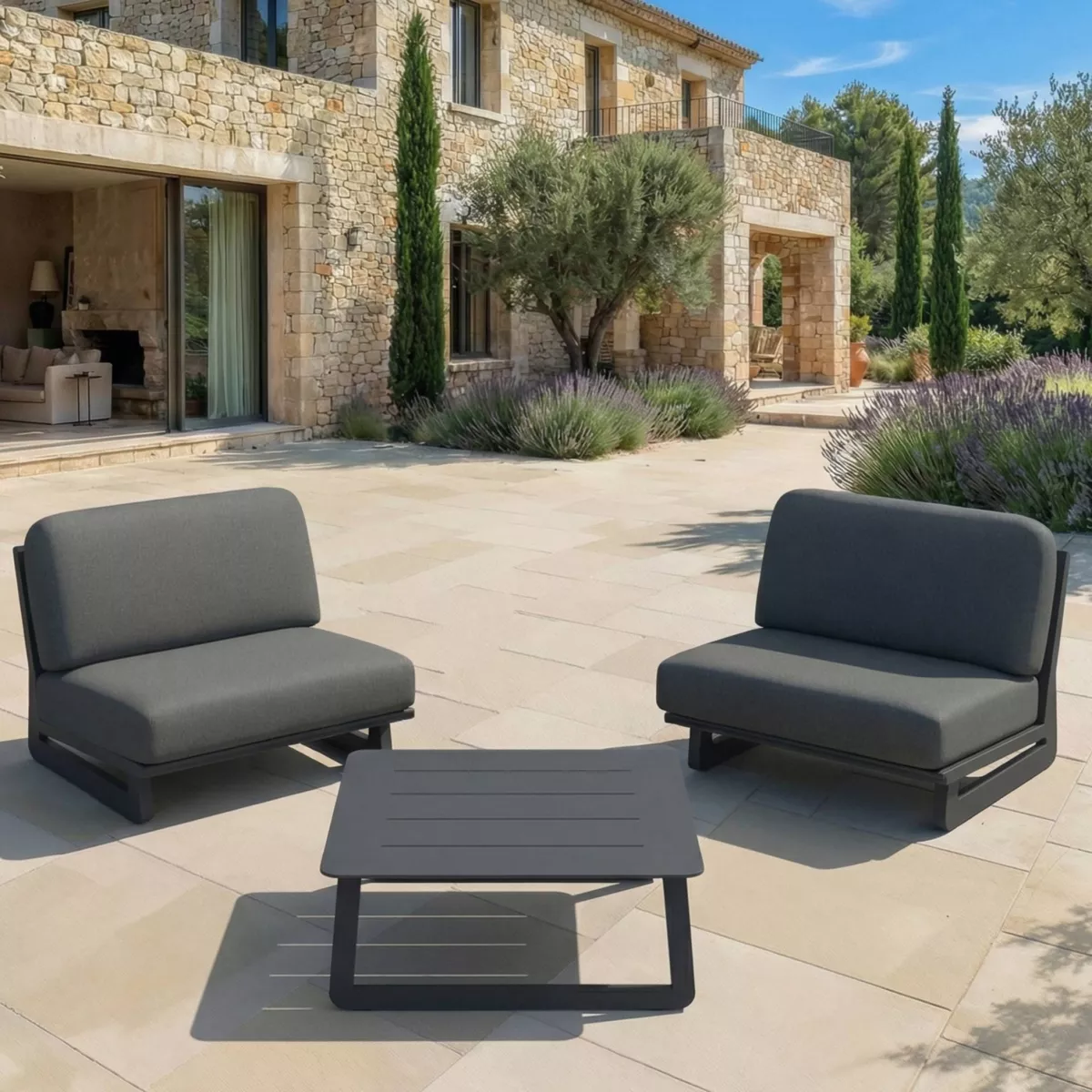 Salon de jardin en aluminium 2 places 3 pcs Long Beach Gris anthracite