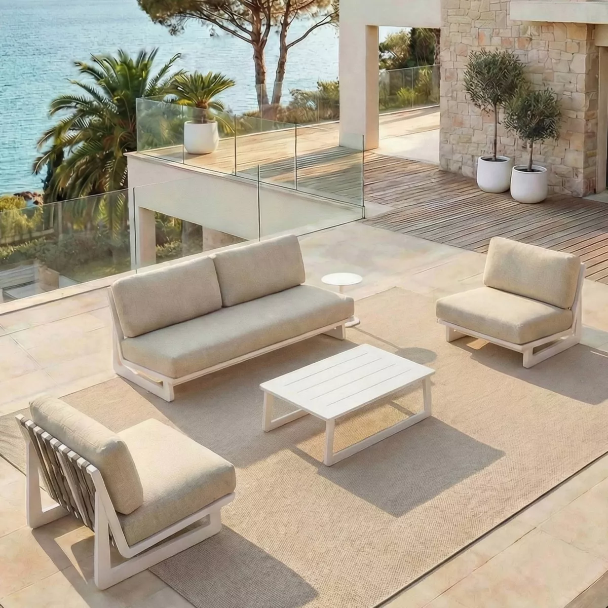 Salon de jardin en aluminium 4 places 4 pcs Long Beach Blanc cendré et beige