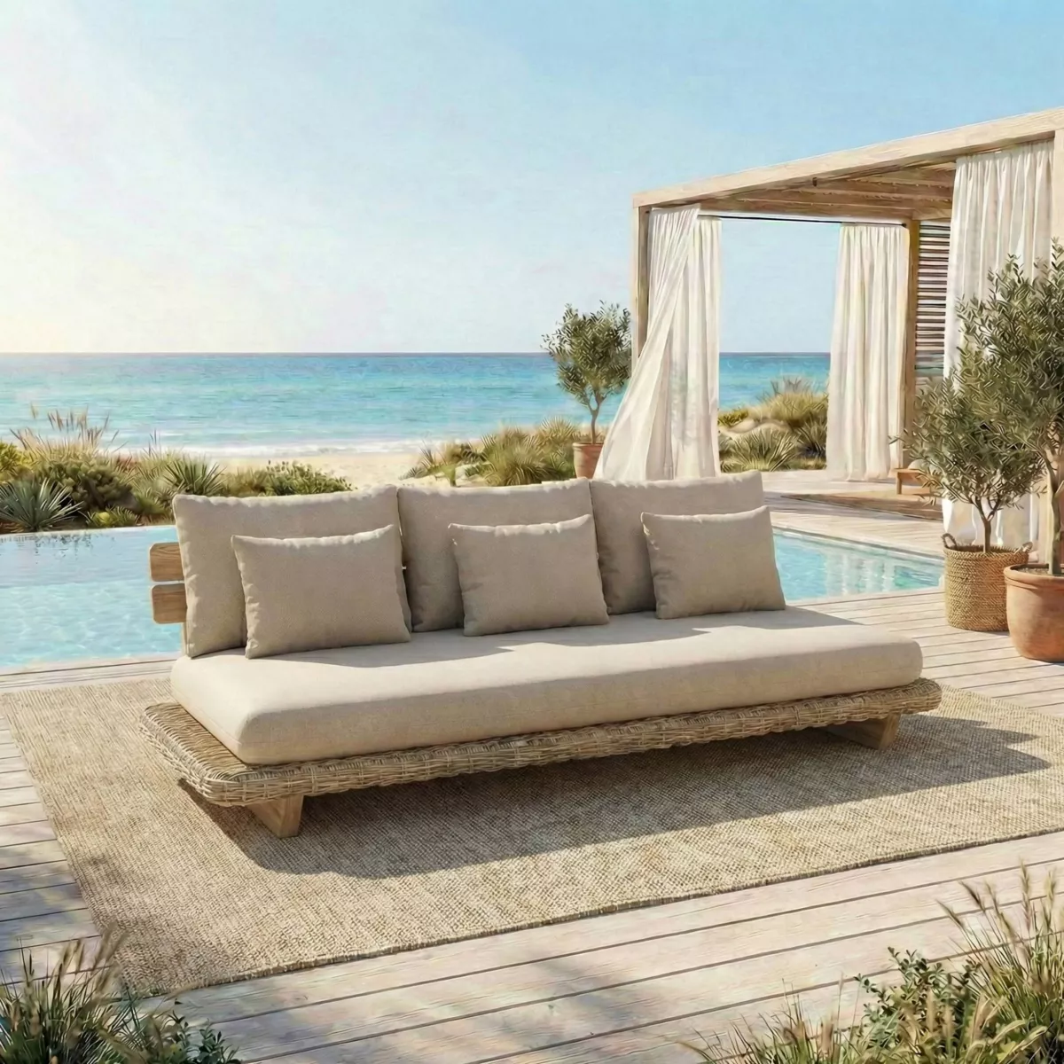 Salotto da giardino effetto legno e resina 5 posti 4 pezzi Palawan Beige