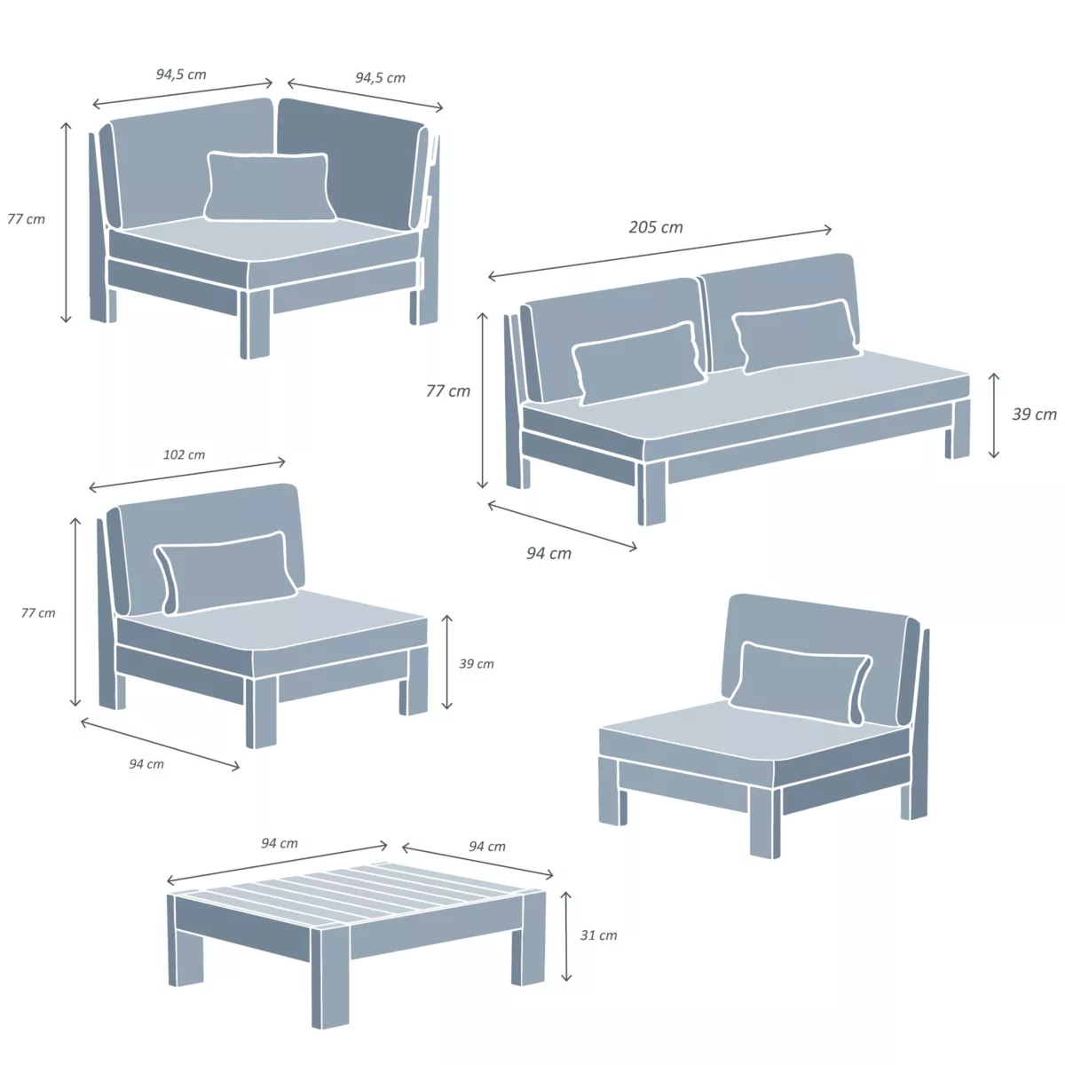 Salotto da giardino angolare in legno di acacia 6 posti 5 pezzi Bornéo Sabbia