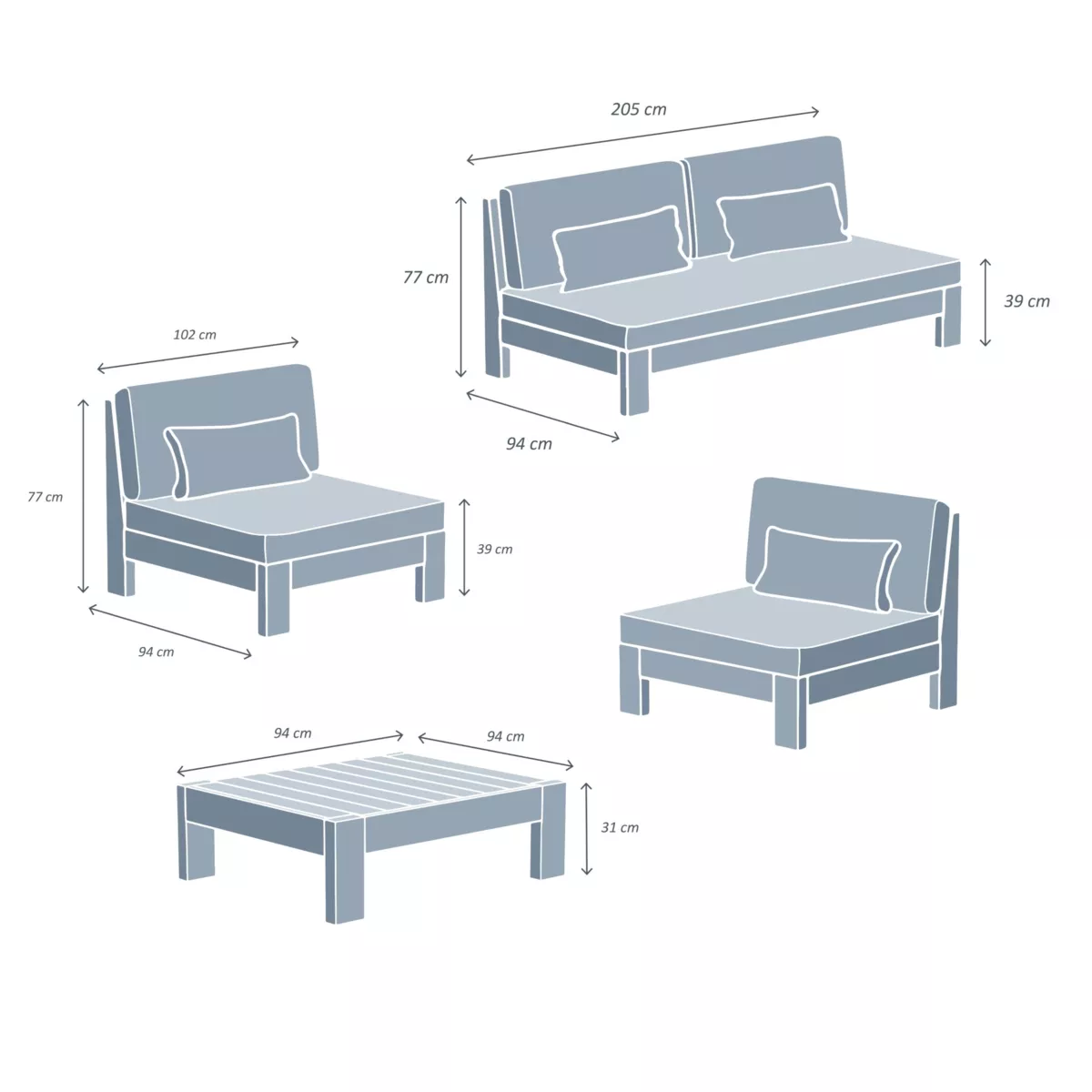 Salotto da giardino acacia 5 posti 4 pezzi Bornéo Grigio antracite