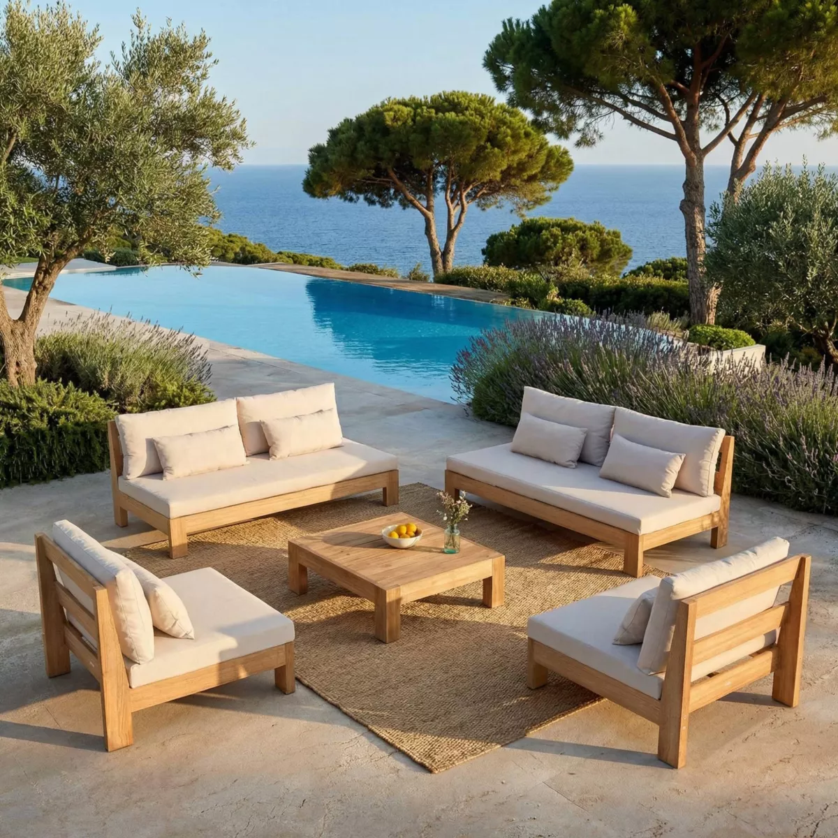 SALON DE JARDIN D'ANGLE BORNEO 8 PLACES STRUCTURE EN BOIS ET COUSSINS SABLE
