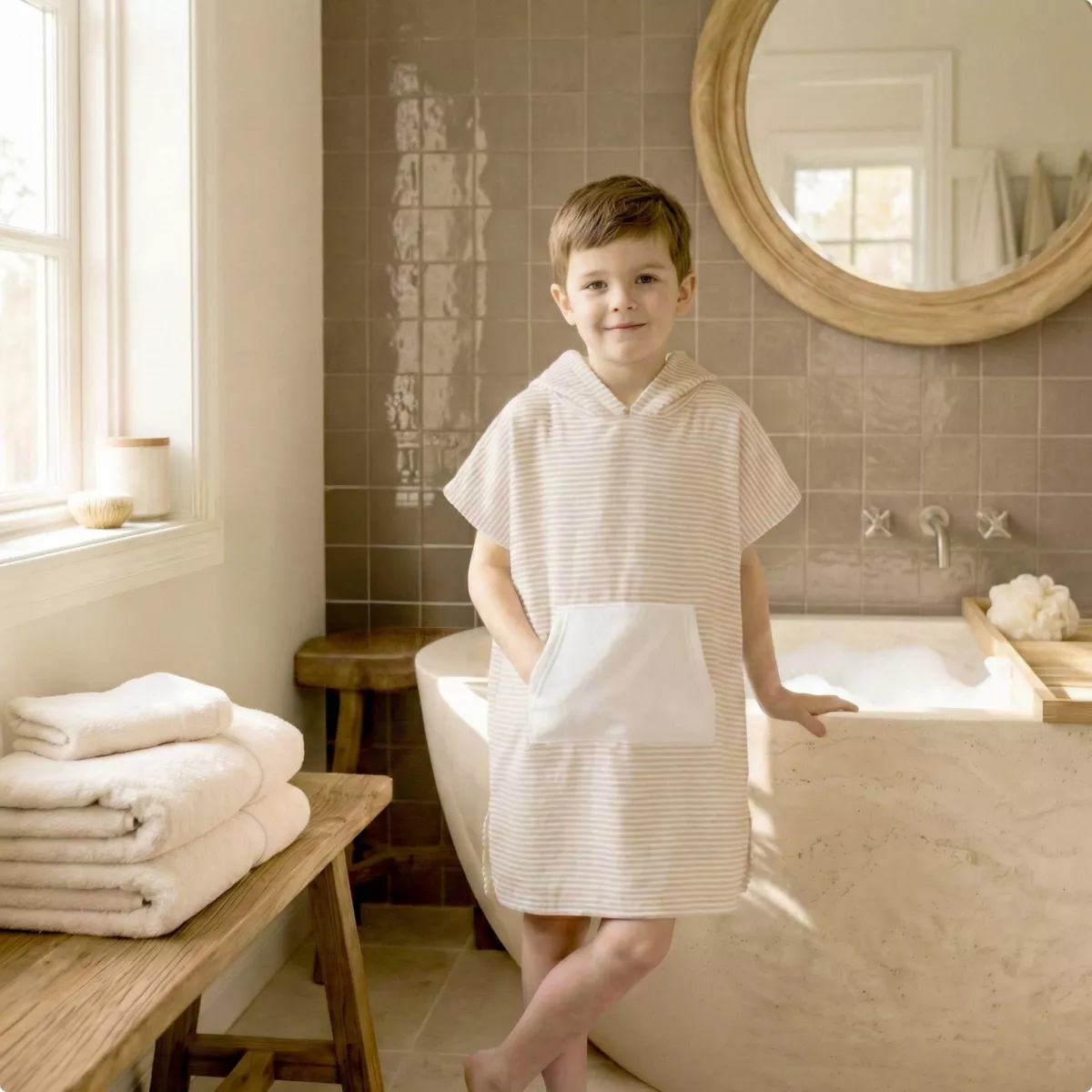 Poncho da bagno per bambini in cotone e spugna 2/5 anni Marina Beige
