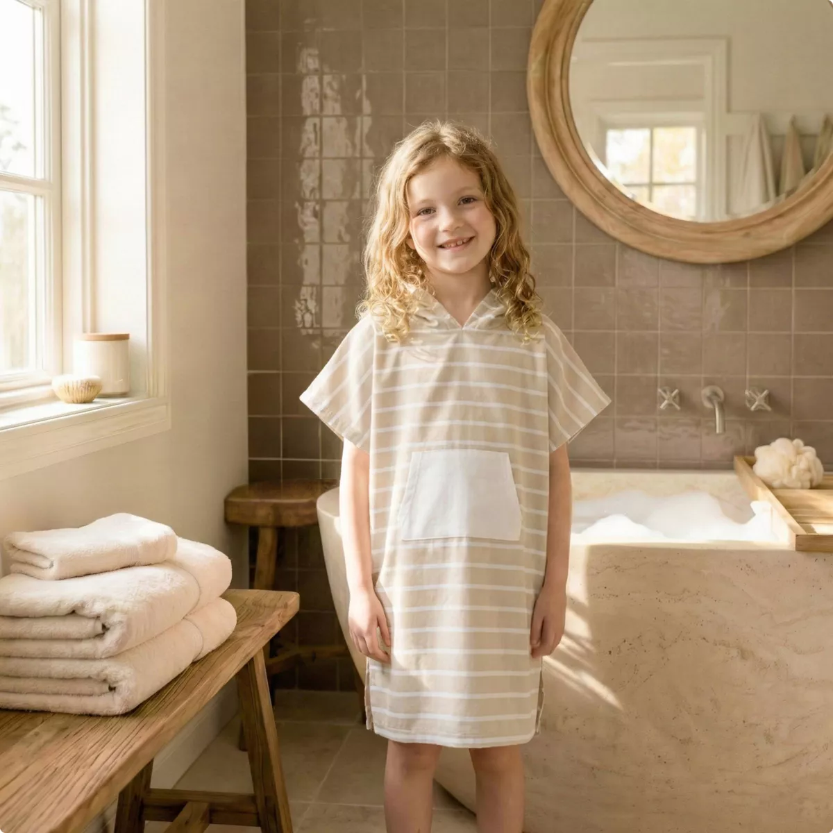 Poncho de bain enfant coton et éponge 6/10 ans Brume Beige