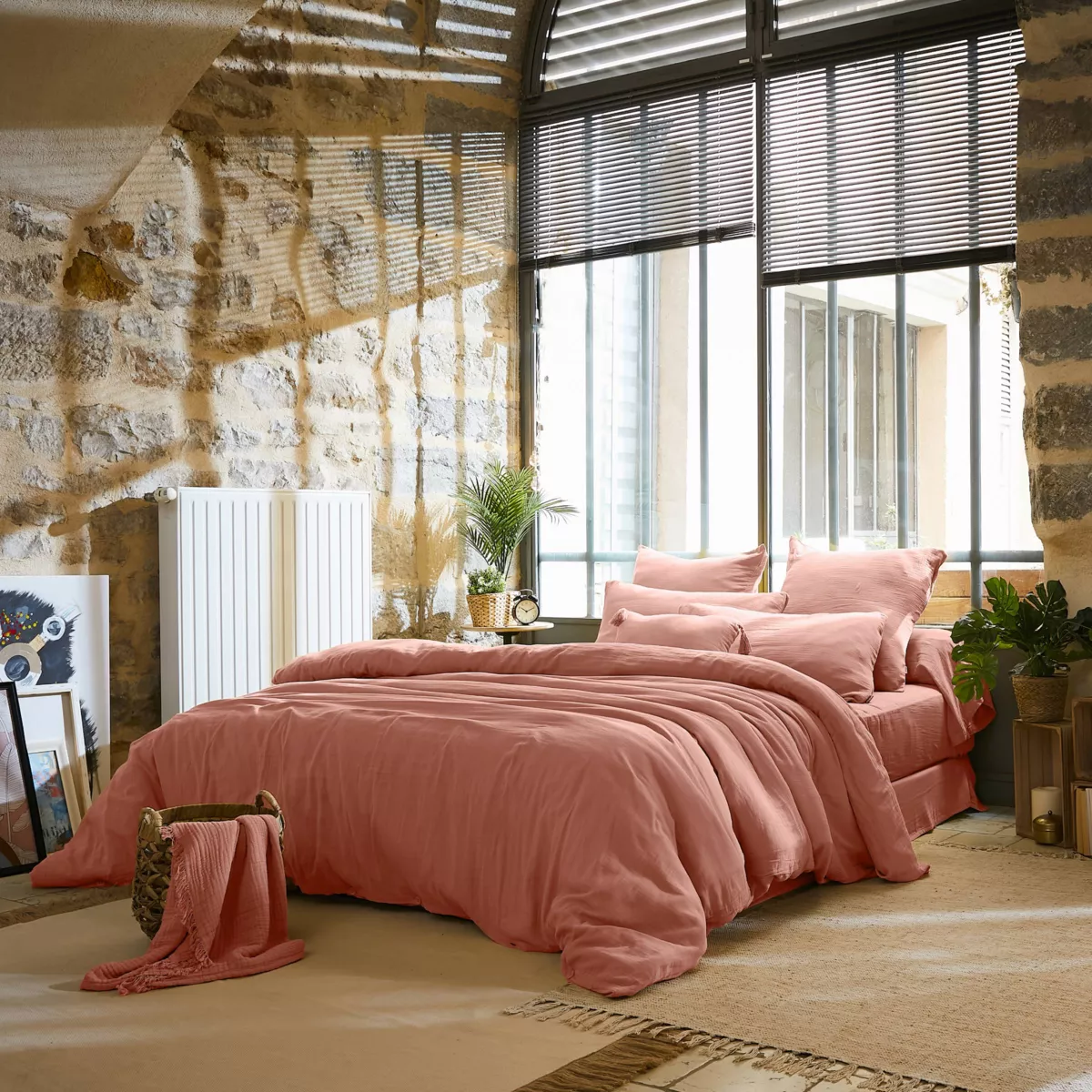 Drap plat gaze de coton (270 cm) Gaïa Rose pêche