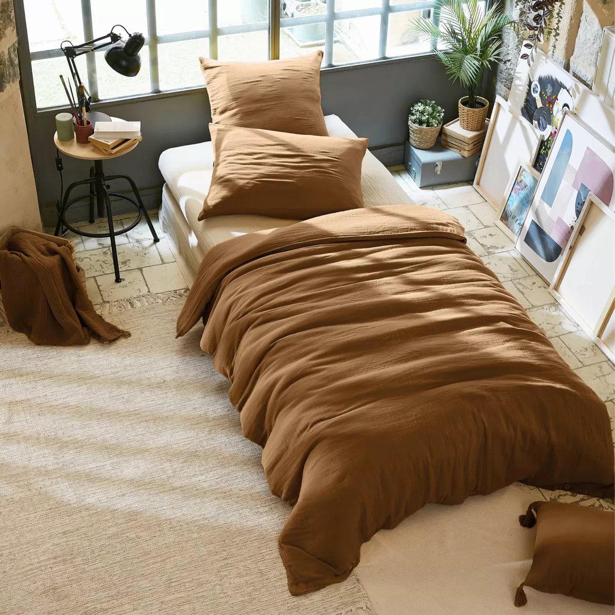 Bettbezug aus Baumwoll-Gaze (140 cm) Gaïa Camel 1