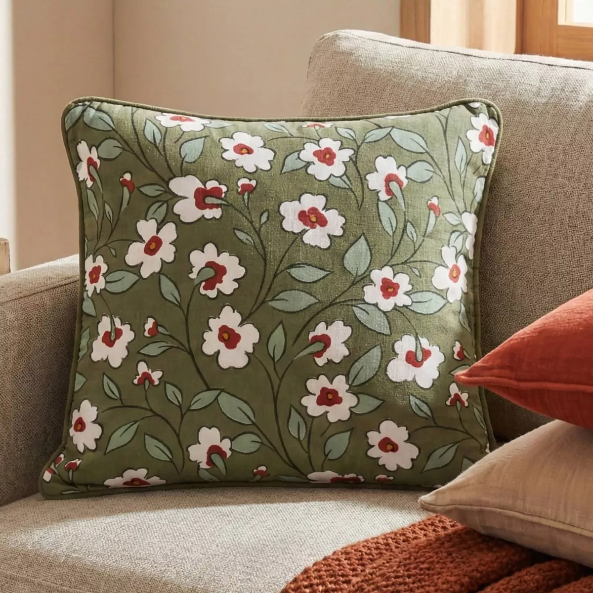 Cuscino quadrato in garza di cotone (45 x 45 cm) Gaïa margherita Verde rosmarino