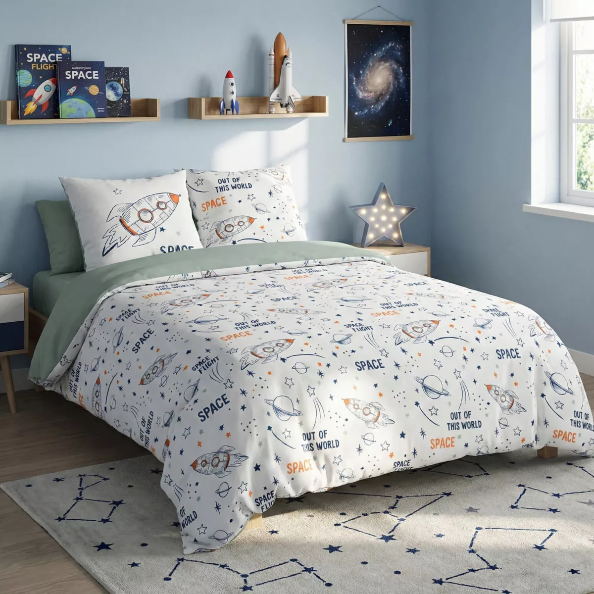 Housse de couette et deux taies enfant coton (240 x 220 cm) Galaxie Blanche