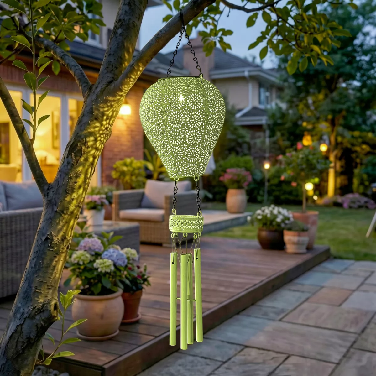 Lampada solare a sospensione per giardino LED (H56 cm) Mongolfiera Gialla