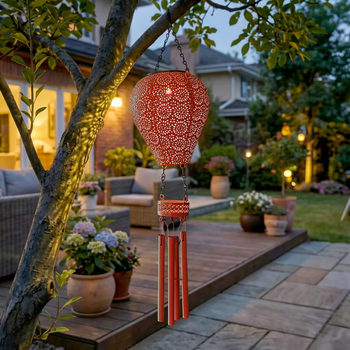 Lampada solare a sospensione per giardino LED (H56 cm) Mongolfiera Rossa