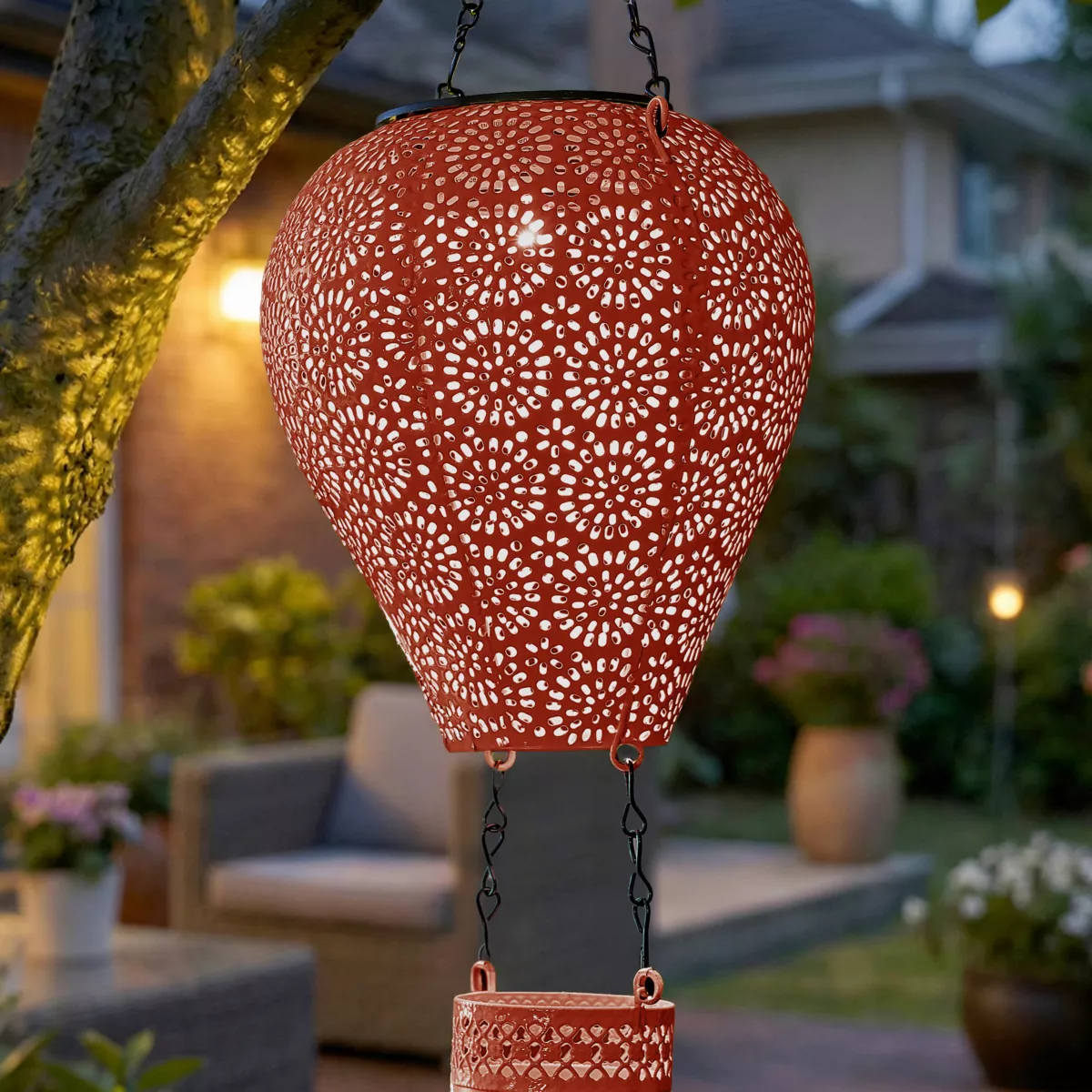 Lampada solare a sospensione per giardino LED (H56 cm) Mongolfiera Rossa