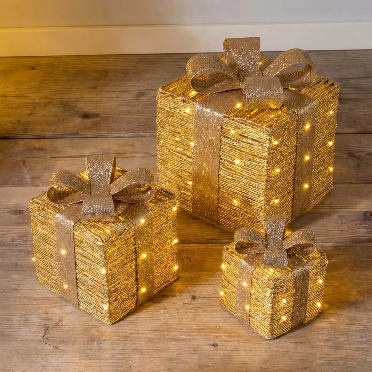 Lot de 3 cadeaux lumineux à piles 30 LED (H30 cm) Westfield Or et Blanc chaud