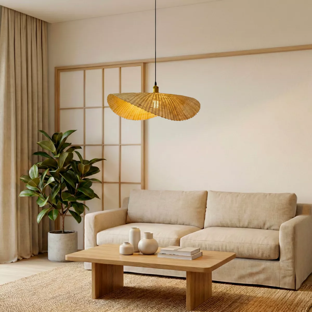 Sospensione luminosa in bambù inrecciato (D60 cm) Calvià Naturale