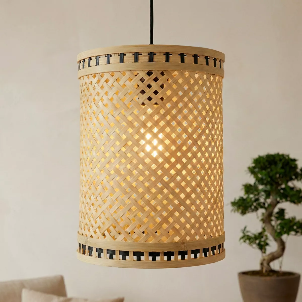 Suspension lumineuse en bambou (H30 cm) Estepona Noir et naturel