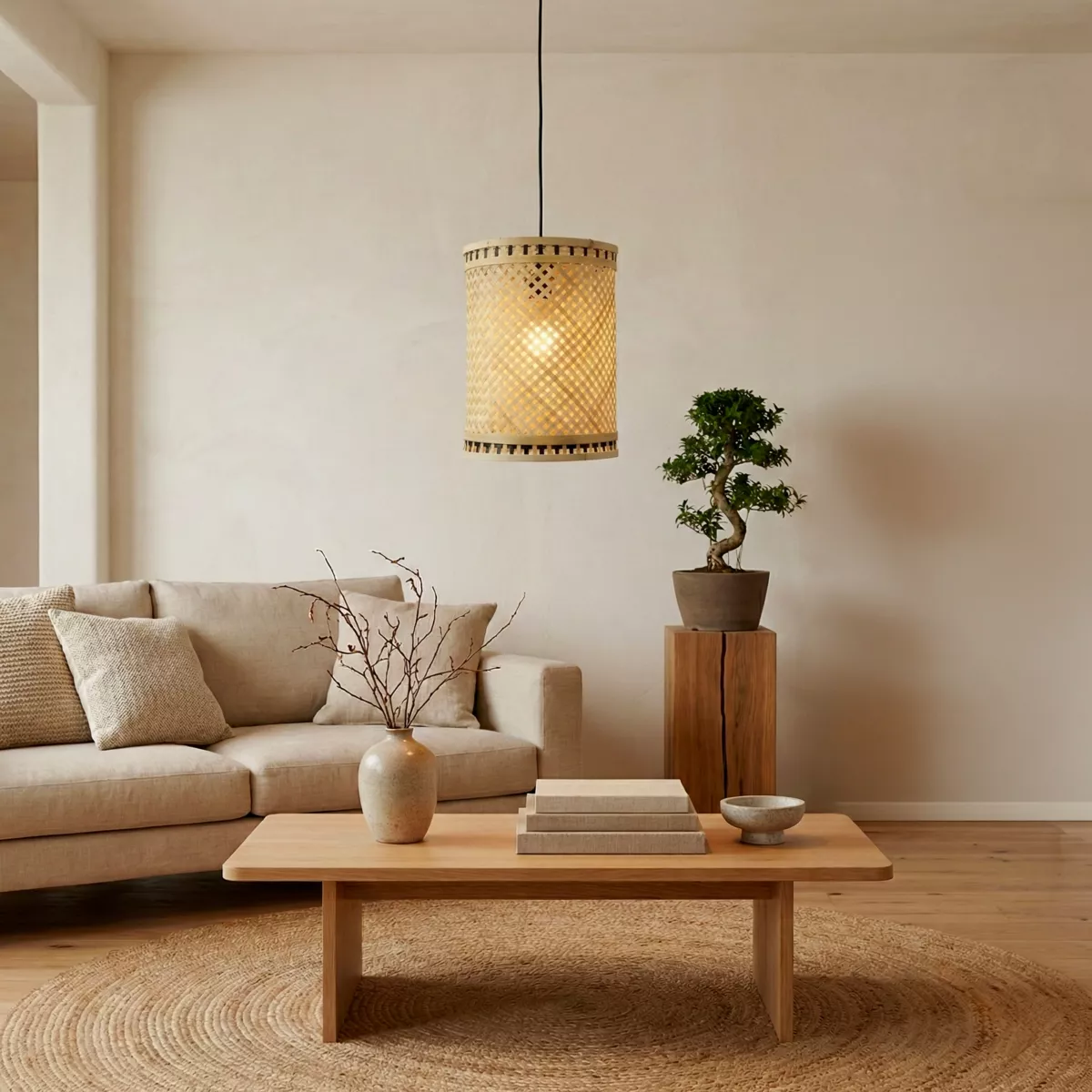 Suspension lumineuse en bambou (H30 cm) Estepona Noir et naturel