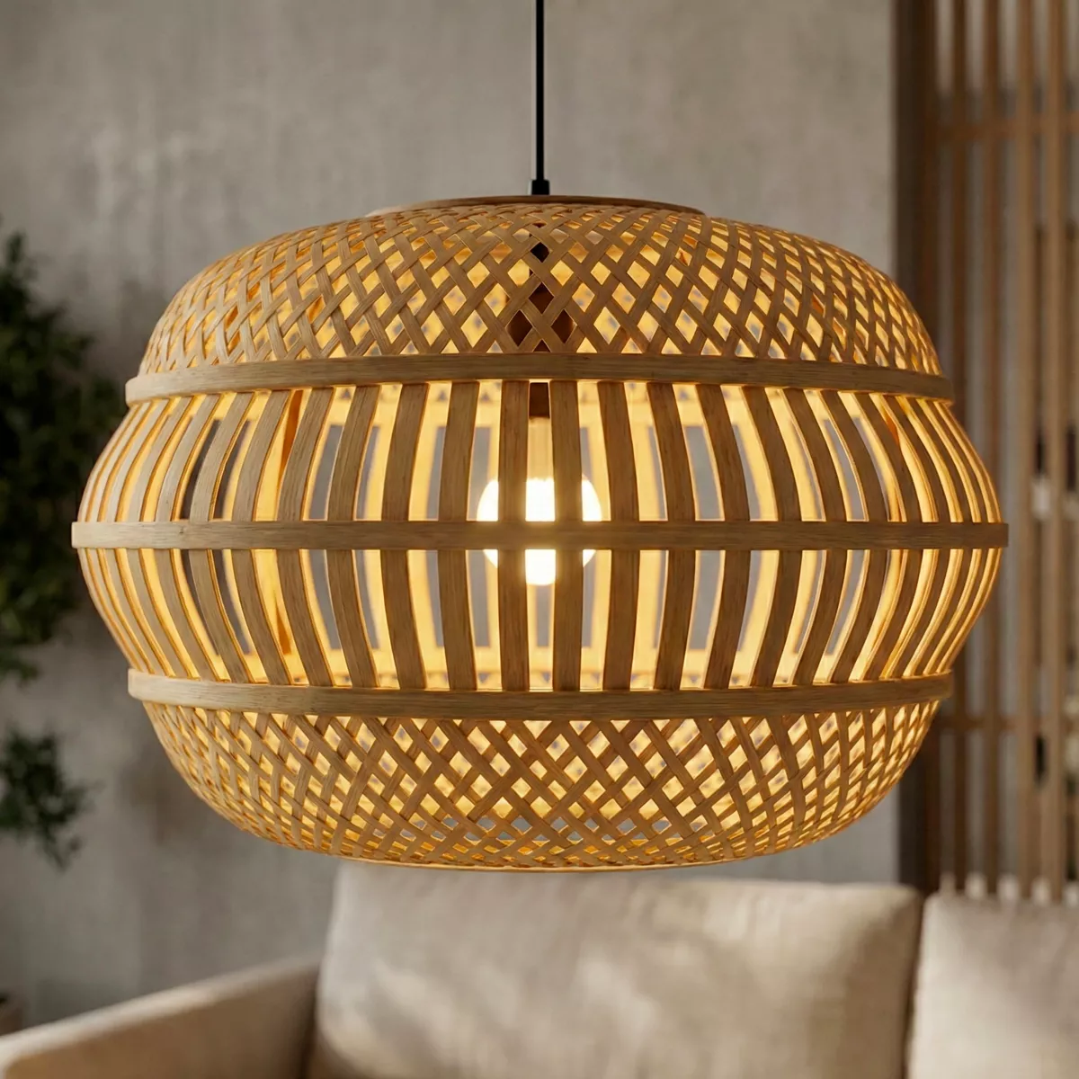 Sospensione luminosa in bambù traforata (D50 cm) Manresa Naturale