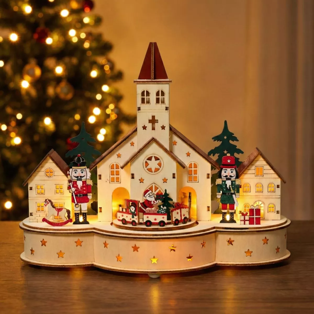 Villaggio di Natale in legno luminoso e musicale a pile (30 x H24 cm) Chiesa e schiaccianoci