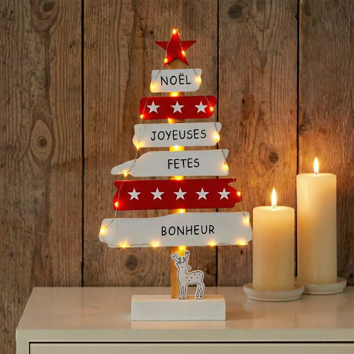 Sapin lumineux en bois à piles (H50 cm) Blanc chaud