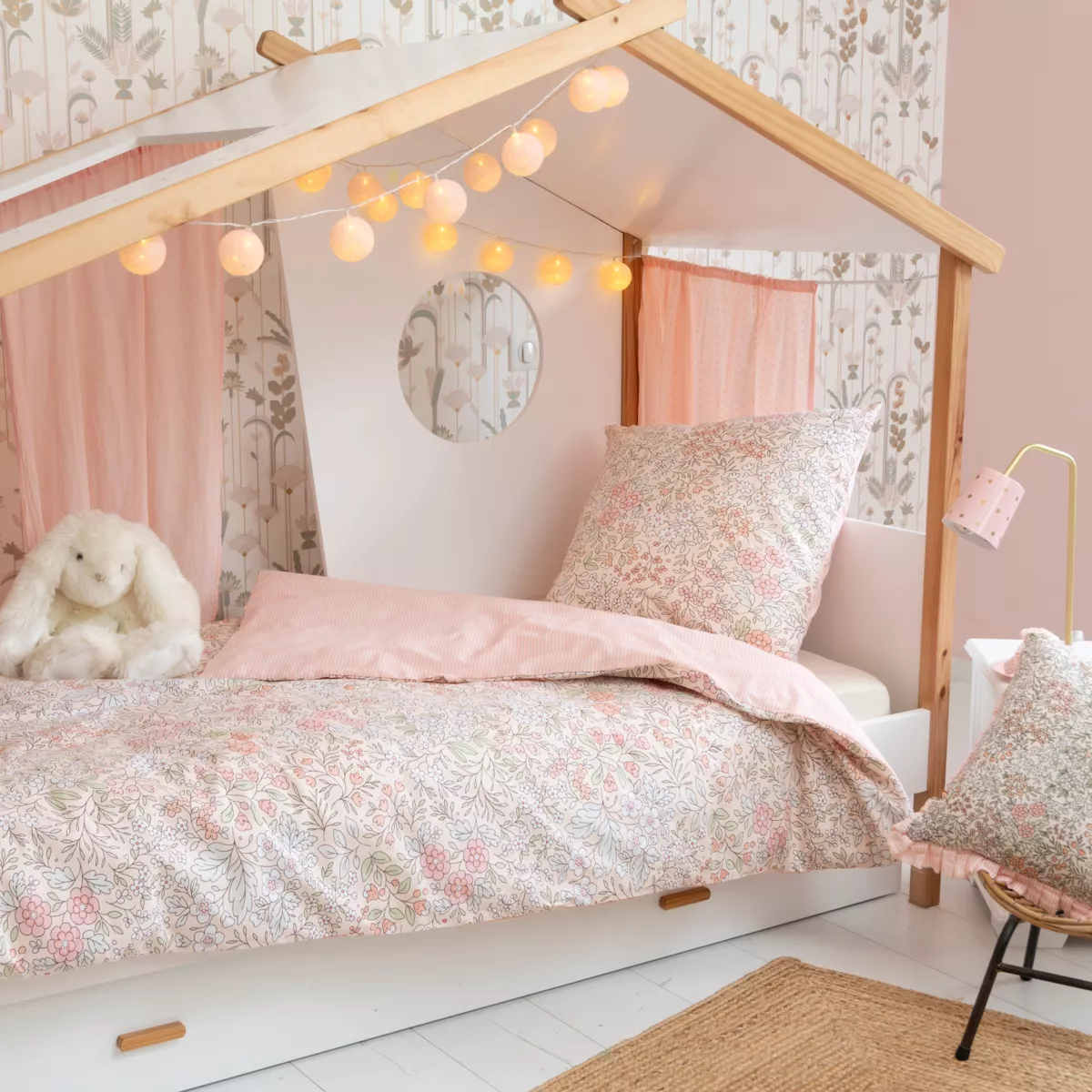 Housse de couette enfant et 1 taie d'oreiller coton (140 x 200 cm) Pimprenelle Rose