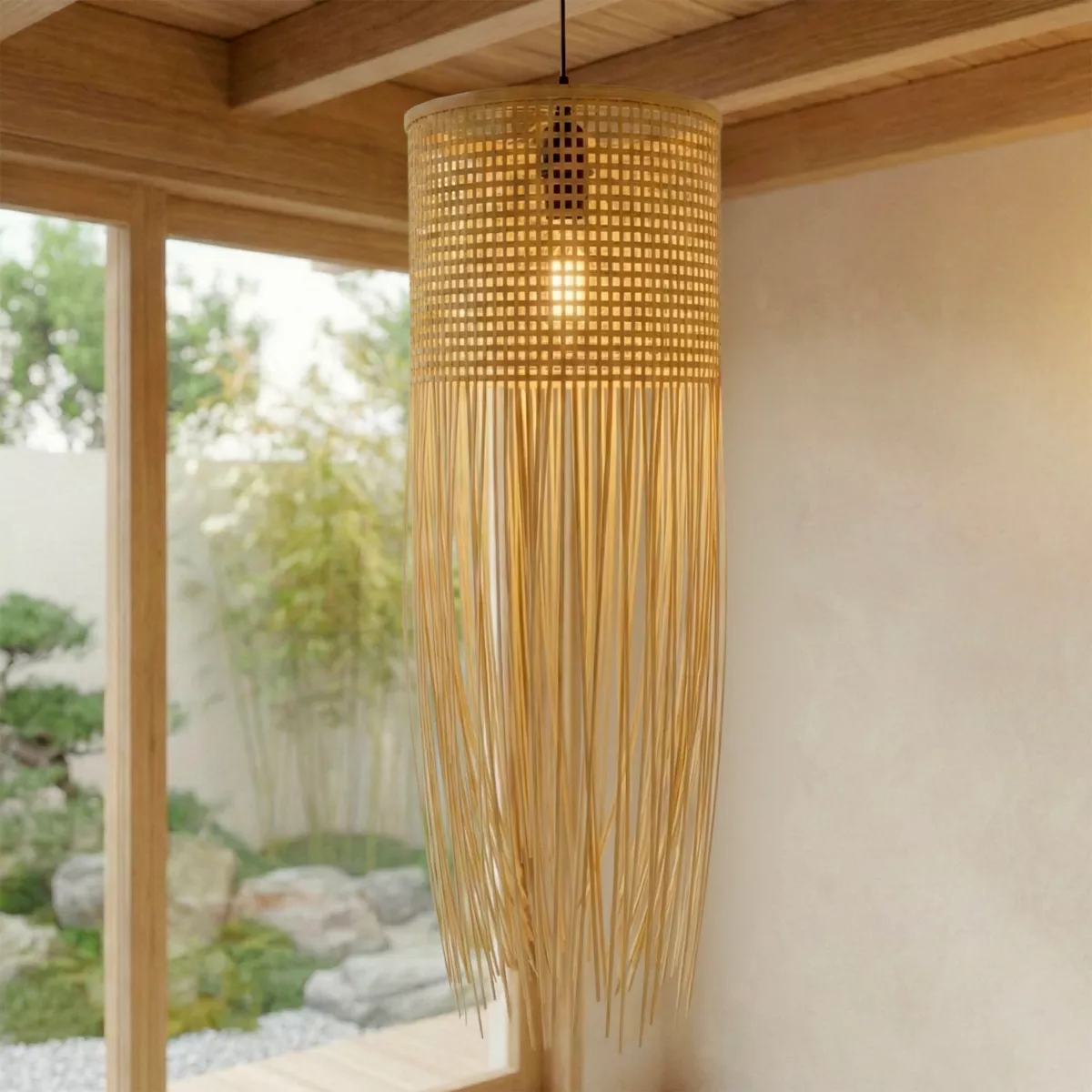 Suspension lumineuse à franges en bambou (H85 cm) Maoki Naturel