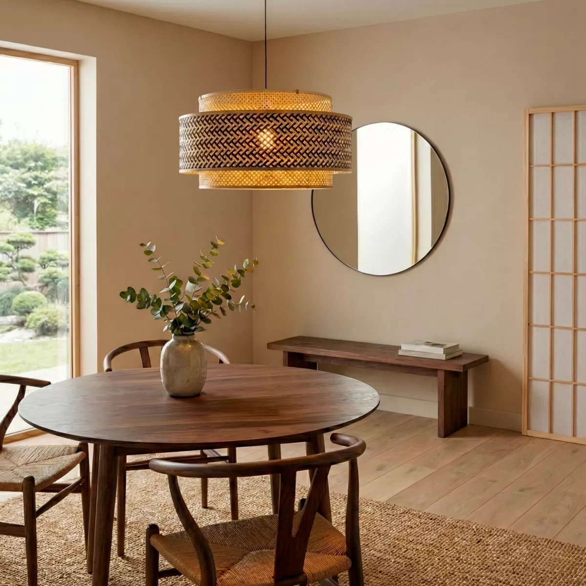 Suspension lumineuse ronde en bambou (D53 cm) Oviedo Noir et naturel