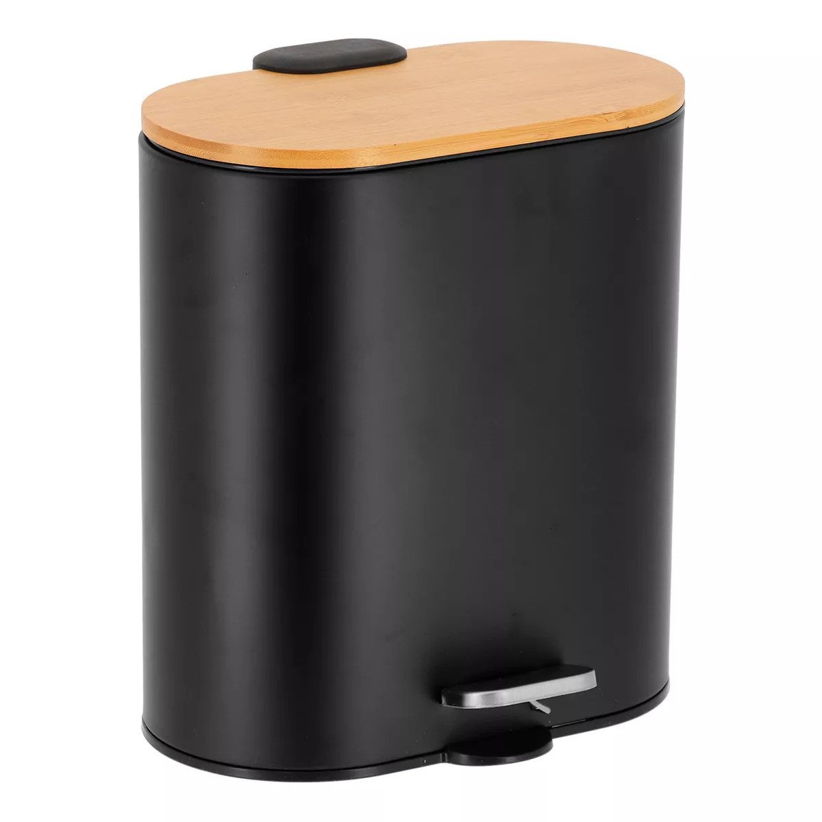 POUBELLE METAL OVALE 5 L FREIN DE CHUTE COUVERCLE BAMBOU - NOIR