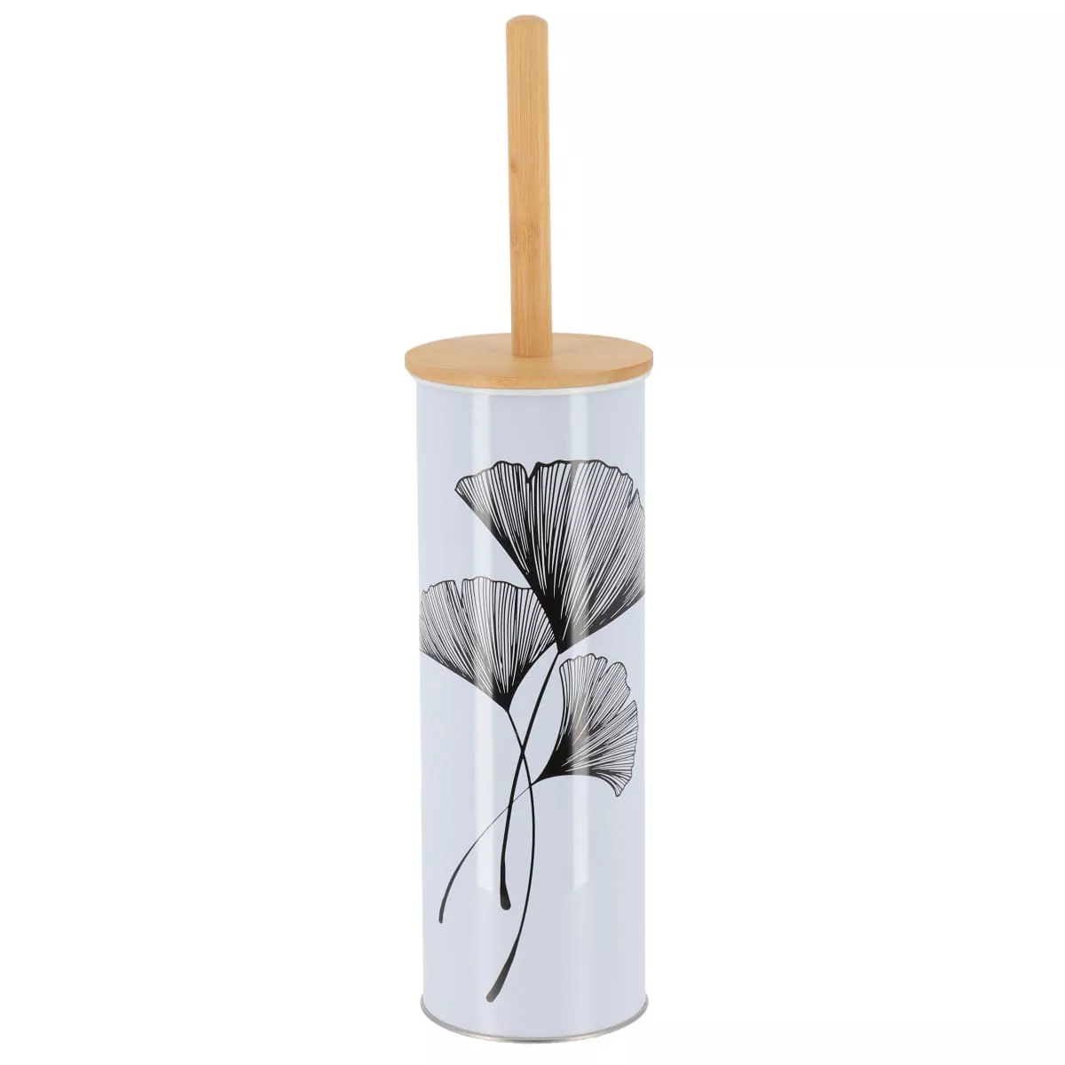 Scopino per WC con coperchio in metallo e bambù Zen Gingko Bianco