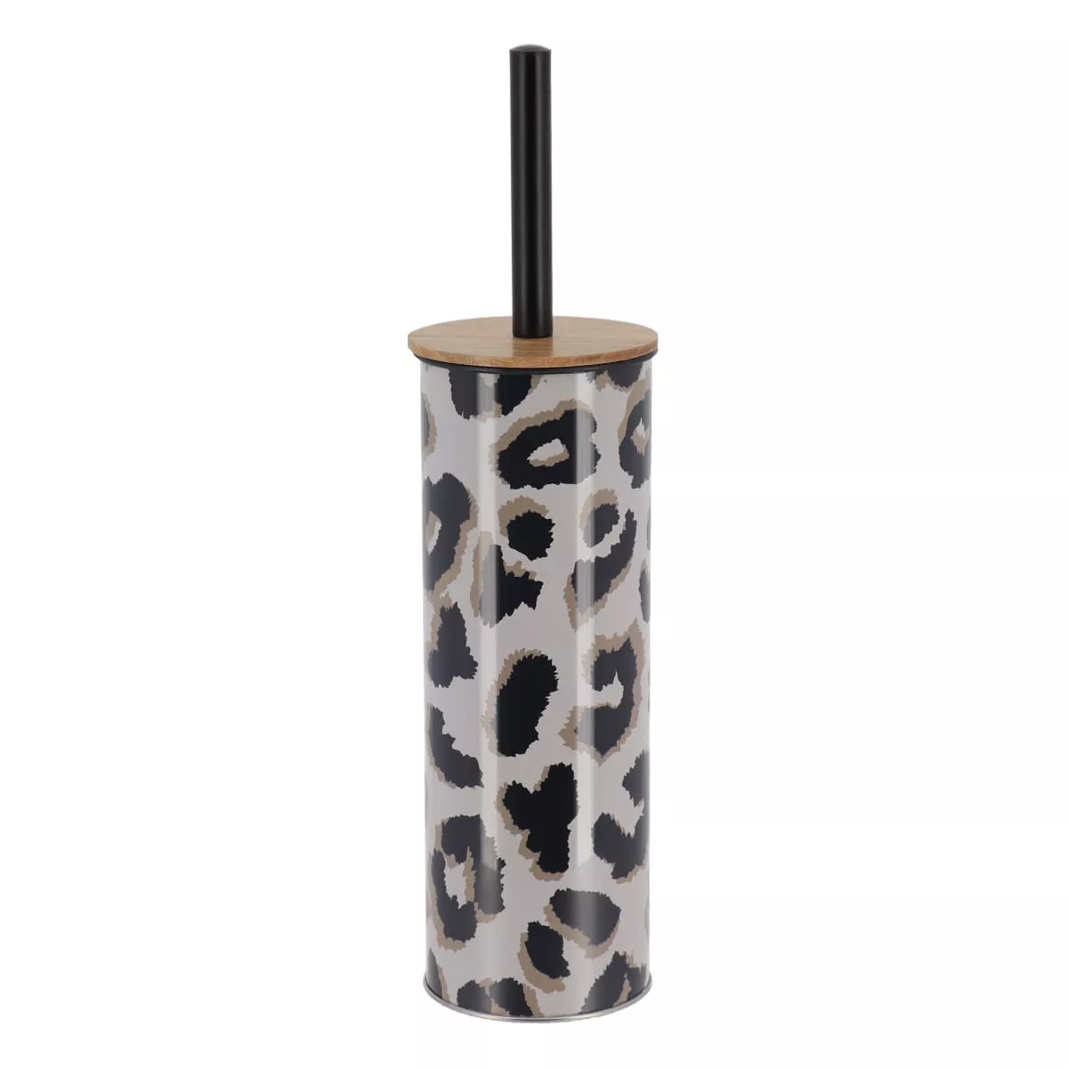 Scopino per WC con coperchio in metallo e acacia leopardata Serengeti Nero