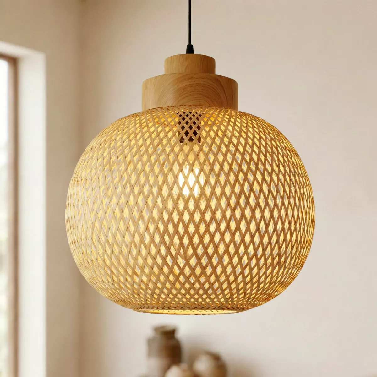 Sospensione luminosa rotonda in bambù (D40 cm) Kahala Naturale