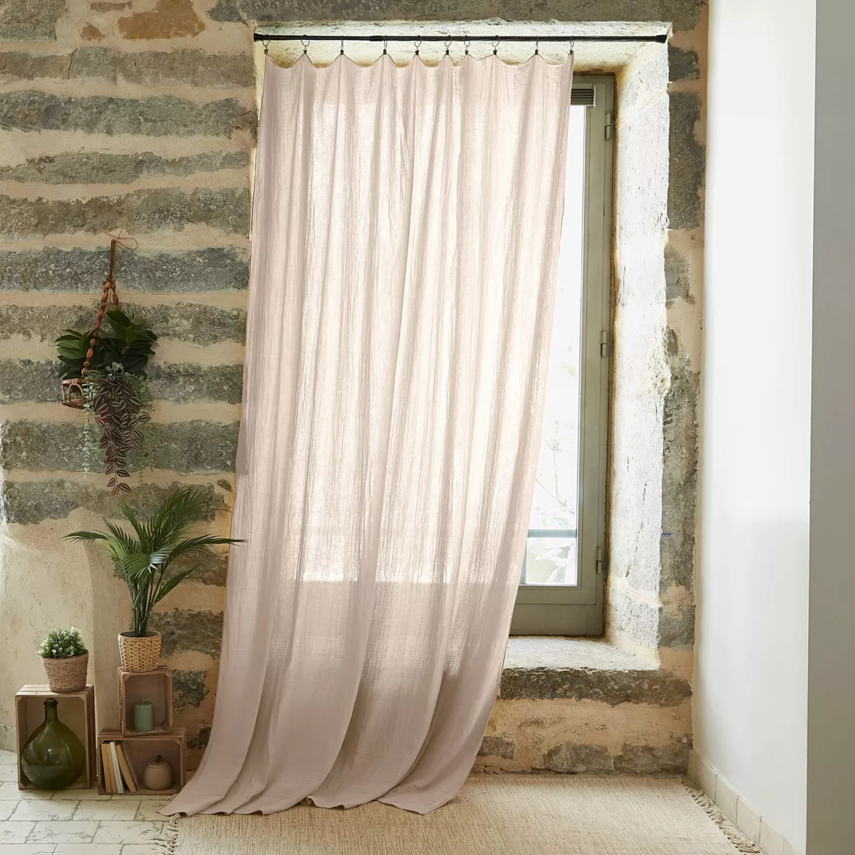 Rideau gaze de coton ajustable (140 x max 300 cm) Gaïa Beige pampa