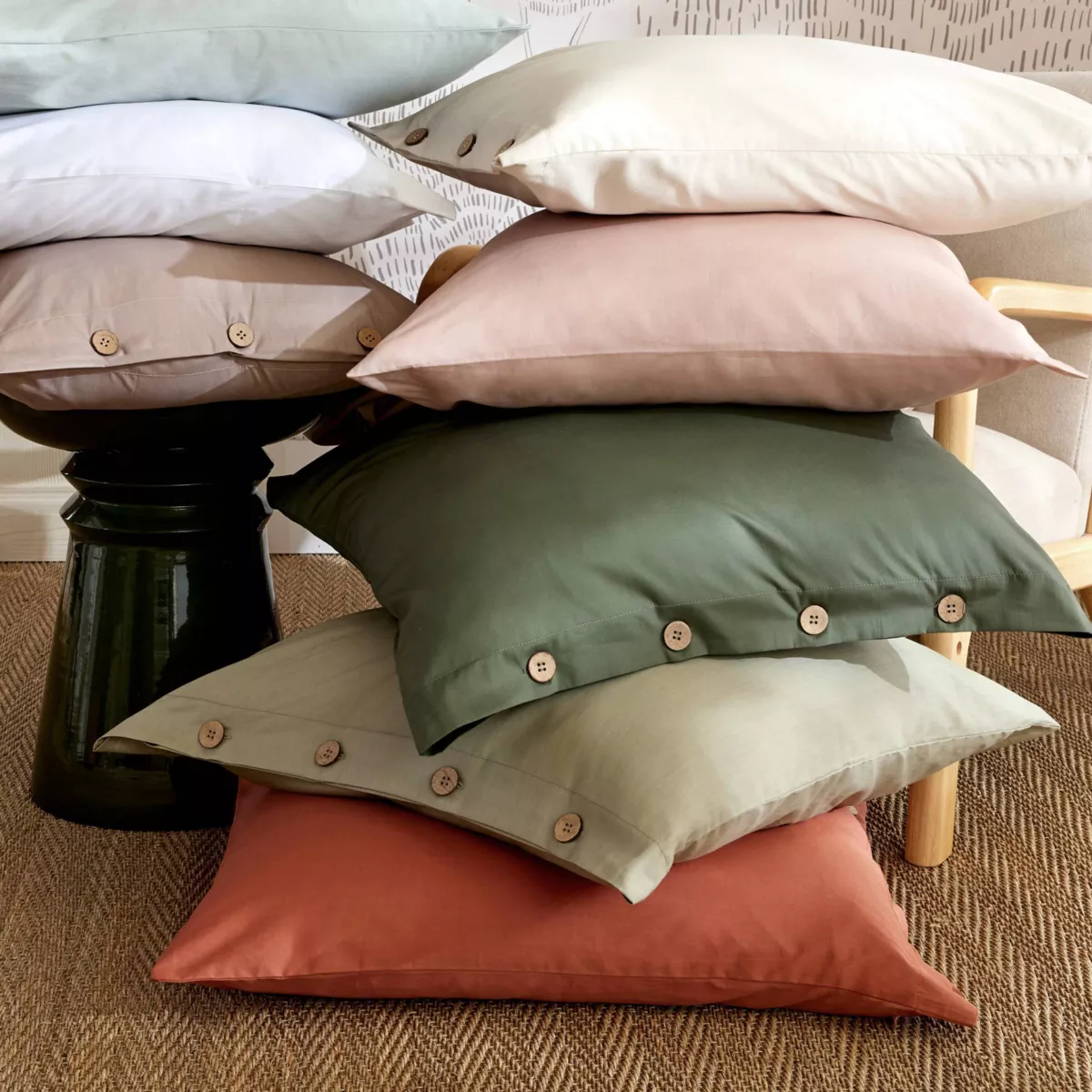 Federa quadrata in percalle di cotone (80 x 80 cm) Diane Verde Rosmarino