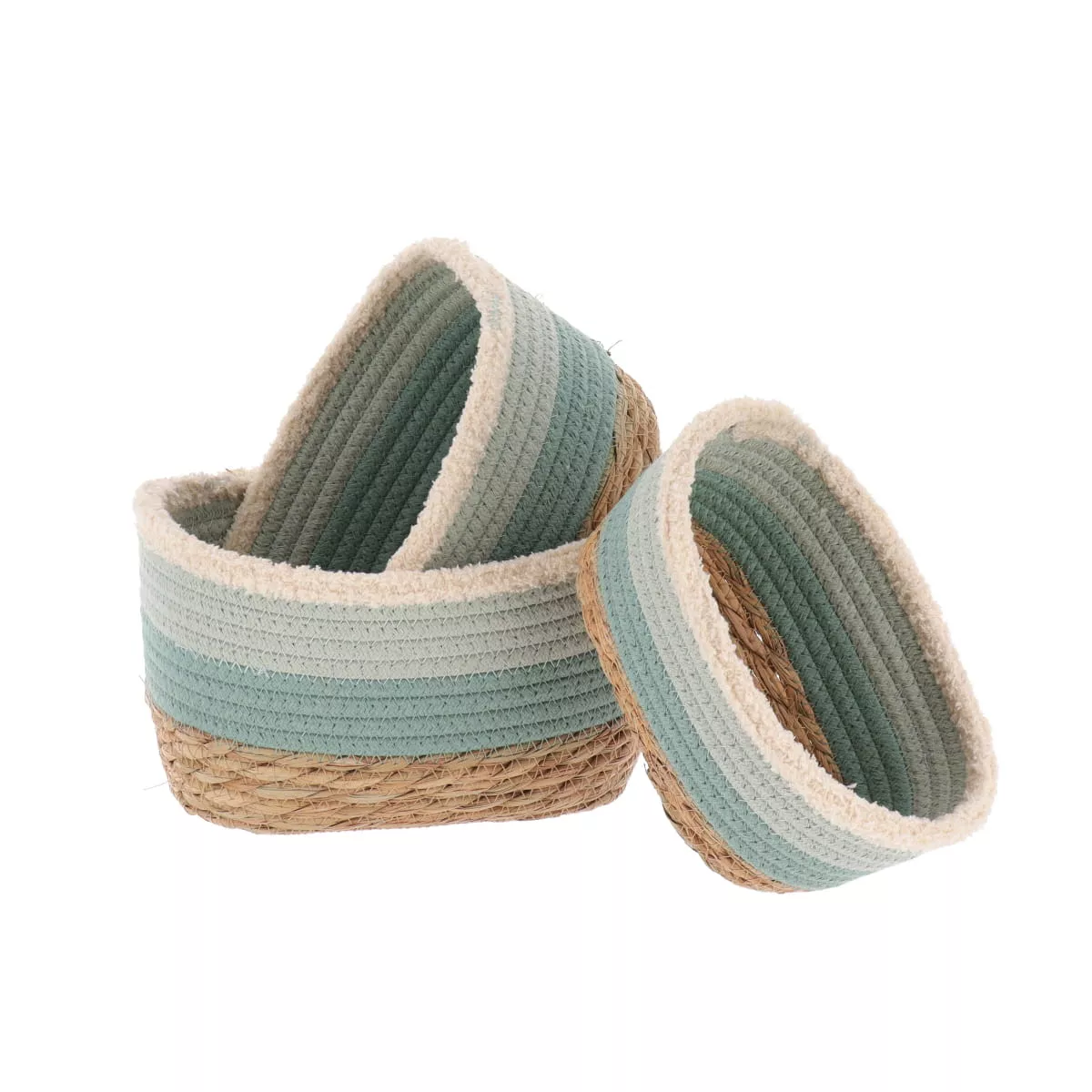 SET DE 3 PANIERS RECTANGULAIRES TRICOLORE PP/POLYESTER/MATIERE VEGETALE - VERT SAUGE