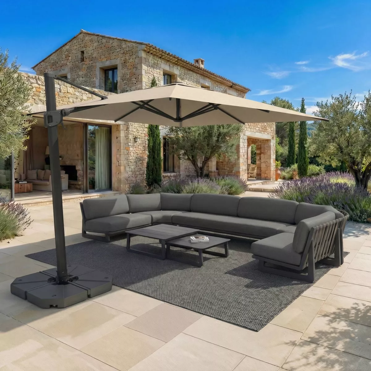 Ombrellone sporgente quadrato in alluminio con base (3 x 3 m) Elyra Antracite e Beige