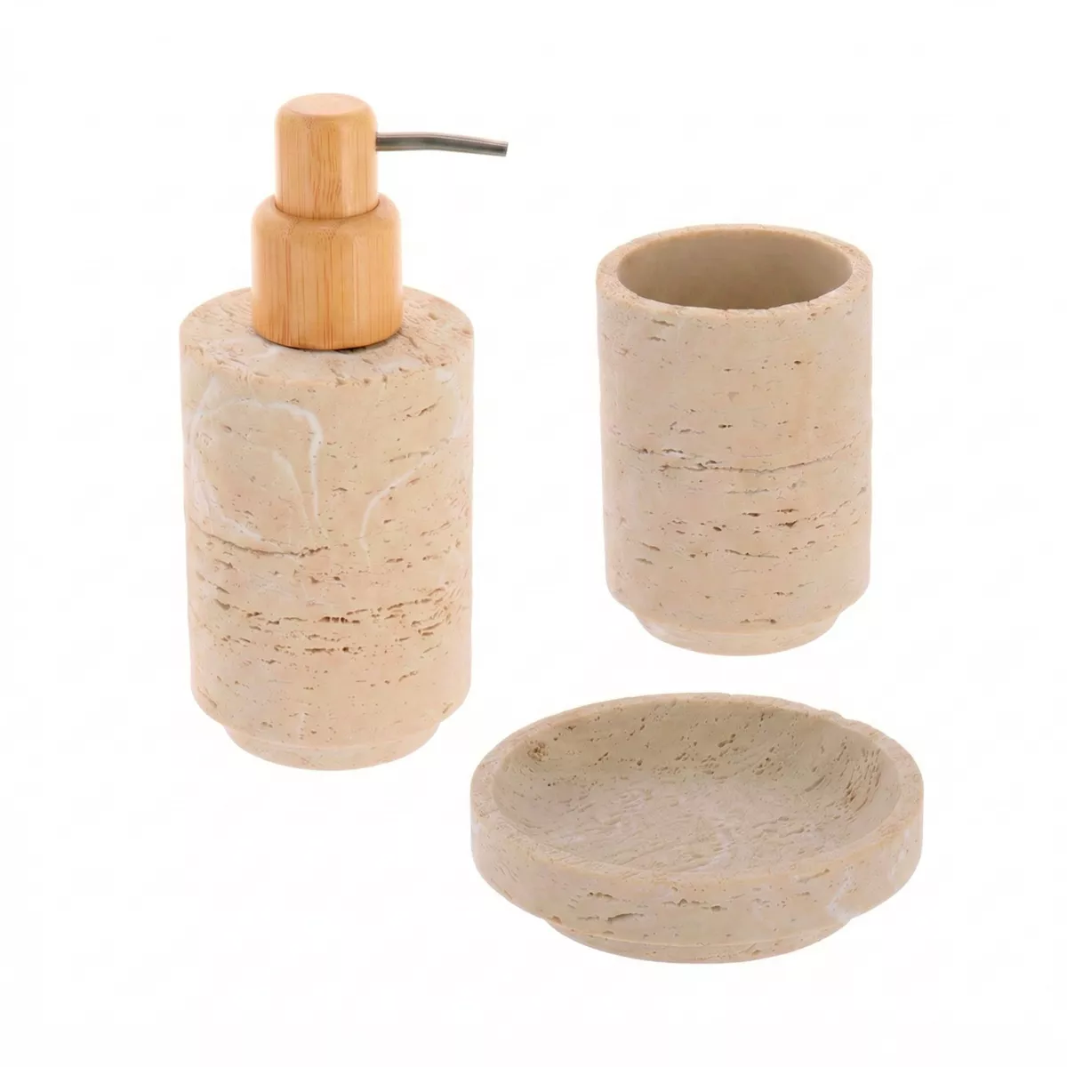 SET GOBELET DISTRIBUTEUR A SAVON ET PORTE SAVON POLYRESINE  FACON TRAVERTIN- TRAVERTIN