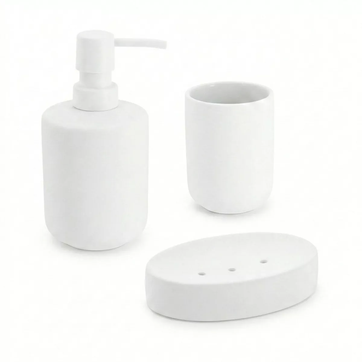SET GOBELET DISTRIBUTEUR A SAVON ET PORTE SAVON GRES EFFET RUBBER - BLANC