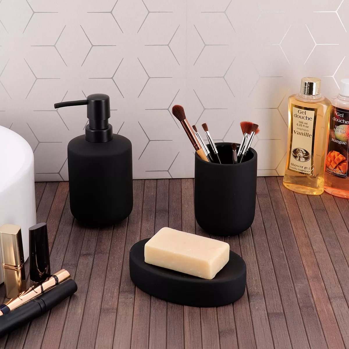 SET GOBELET DISTRIBUTEUR A SAVON ET PORTE SAVON GRES EFFET RUBBER - NOIR