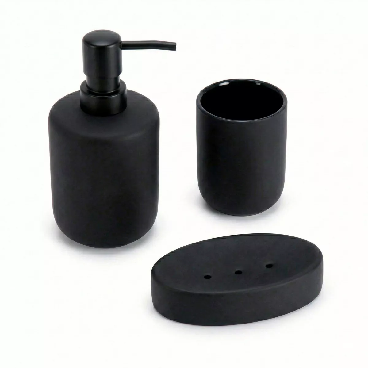SET GOBELET DISTRIBUTEUR A SAVON ET PORTE SAVON GRES EFFET RUBBER - NOIR