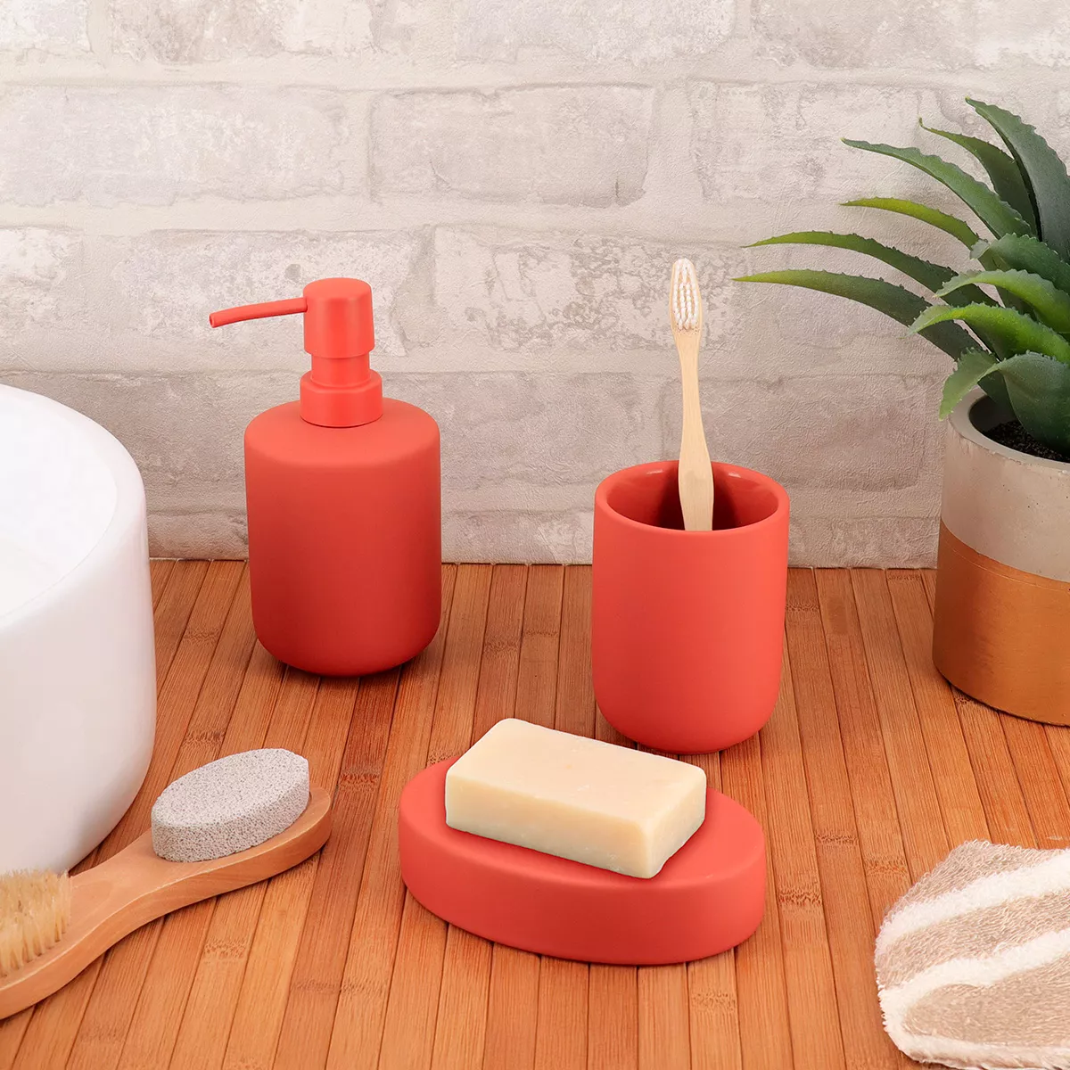Set bicchiere, portasapone e dispenser in terracotta Timeless