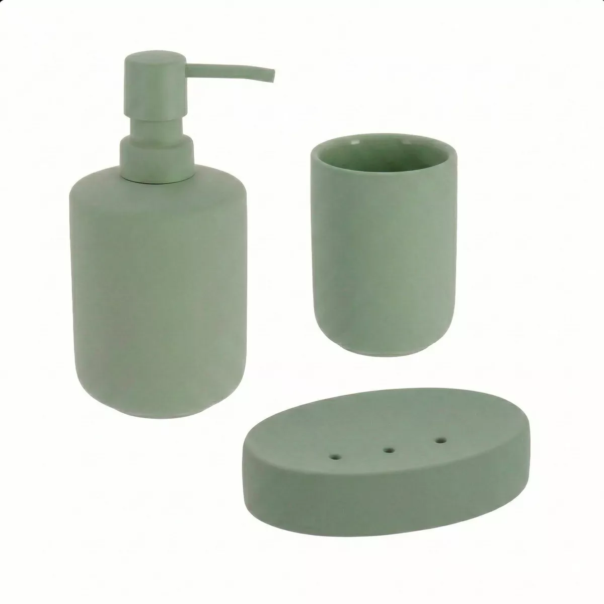 SET GOBELET DISTRIBUTEUR A SAVON ET PORTE SAVON GRES EFFET RUBBER - KAKI
