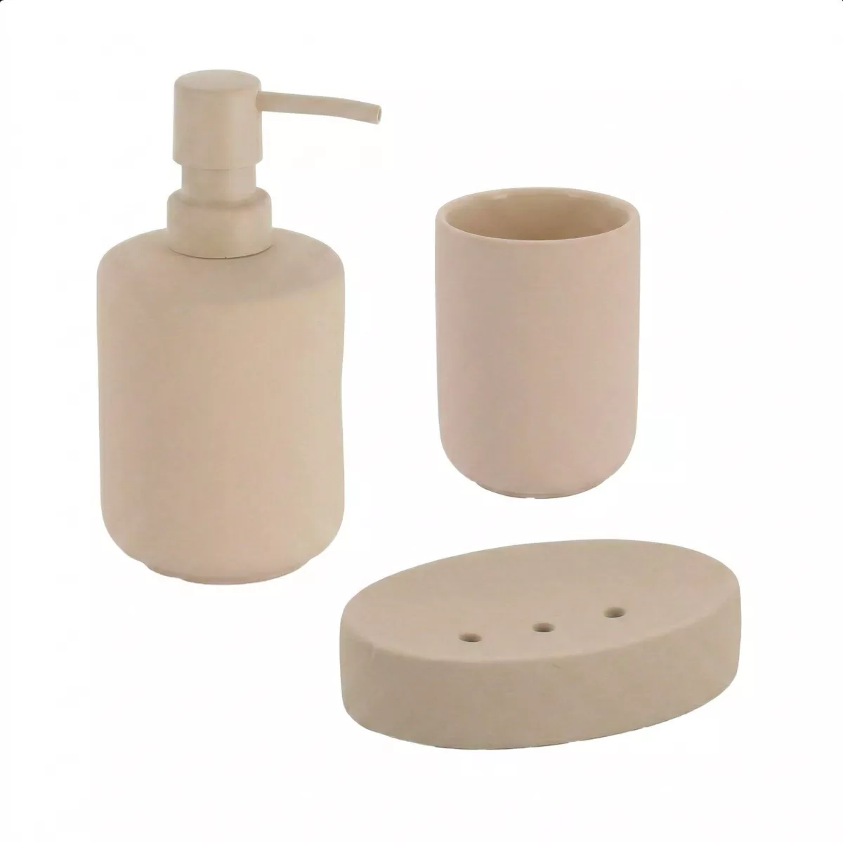 SET GOBELET DISTRIBUTEUR A SAVON ET PORTE SAVON GRES EFFET RUBBER - BEIGE