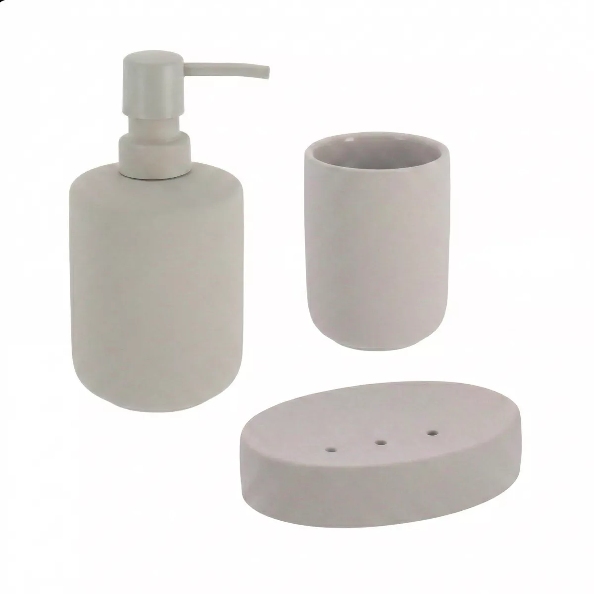 Set bicchiere, portasapone e distributore di sapone in grès Timeless Grigio Chiaro