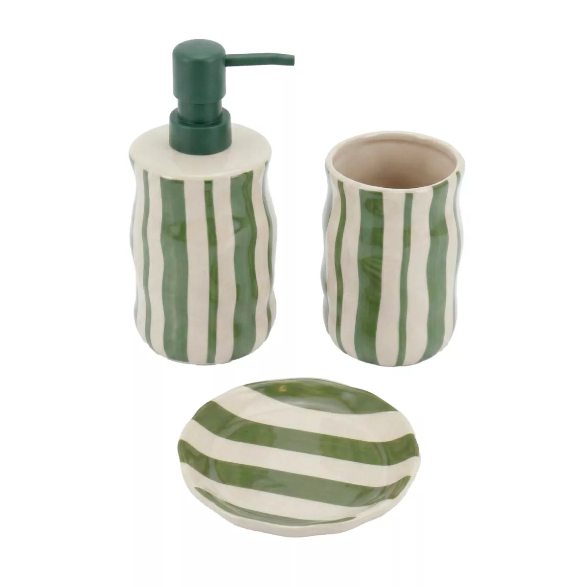 SET GOBELET DISTRIBUTEUR A SAVON ET PORTE SAVON GRES RAYE - VERT SAUGE