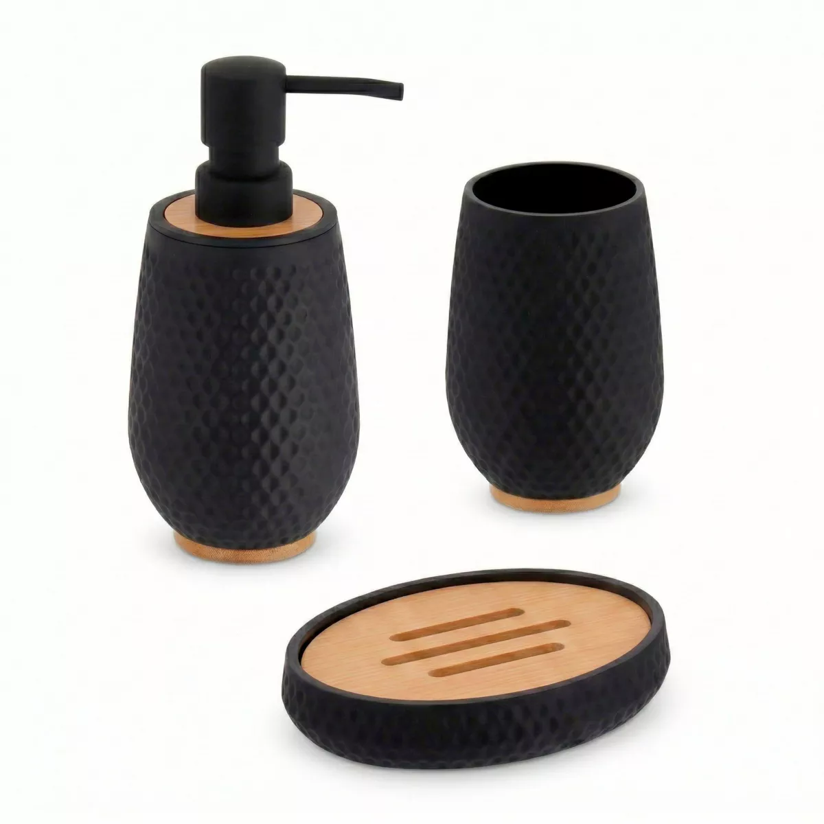 SET GOBELET DISTRIBUTEUR A SAVON ET PORTE SAVON ABS/AS EFFET  RUBBER ET BAMBOU - NOIR
