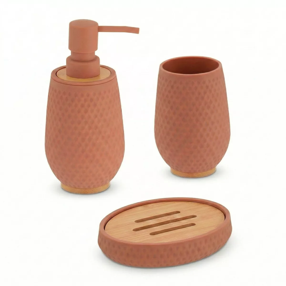 Set bicchiere, portasapone e dispenser effetto nido d'ape Bania Cappuccino