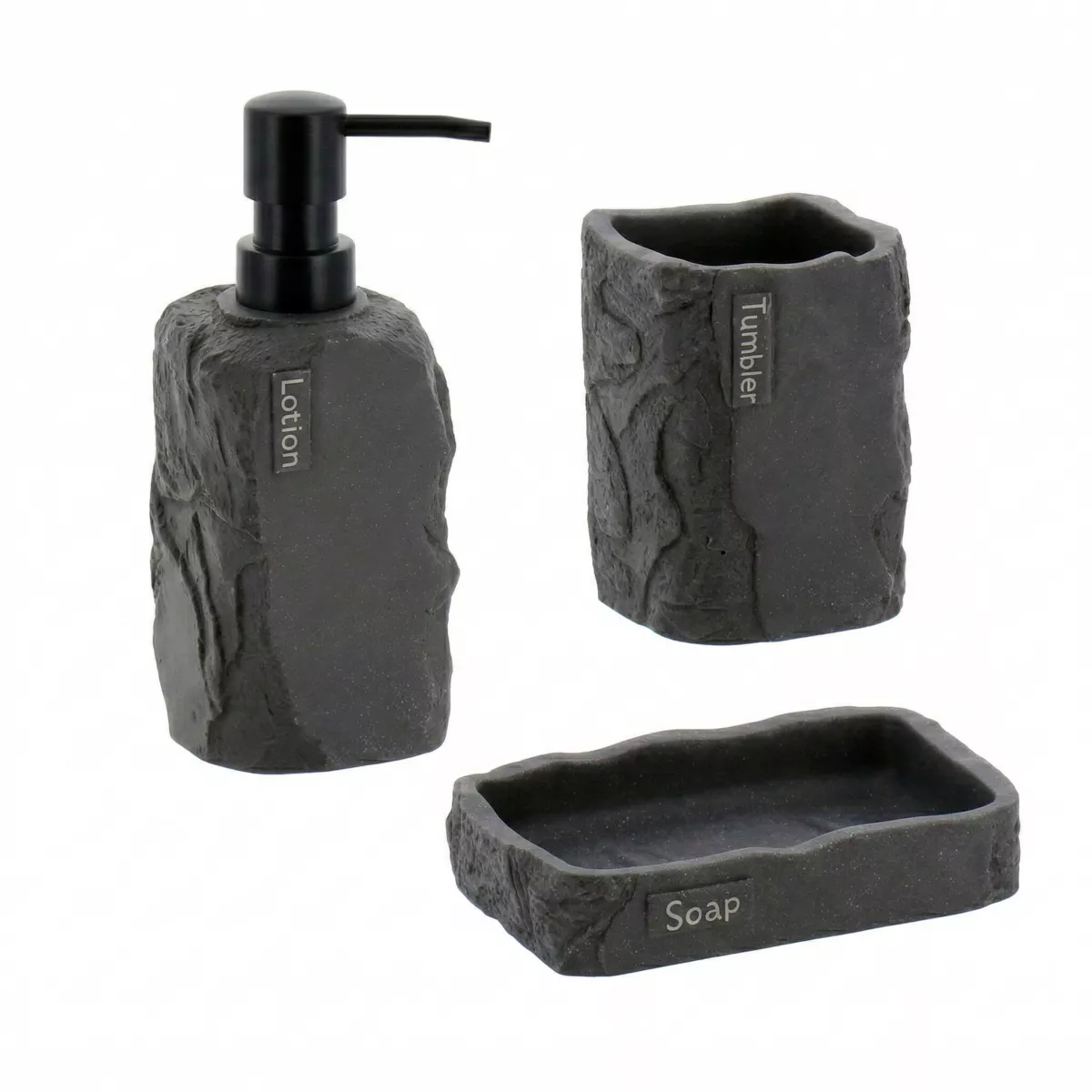 SET GOBELET DISTRIBUTEUR A SAVON ET PORTE SAVON POLYRESINE CARRE EFFET PIERRE - NOIR
