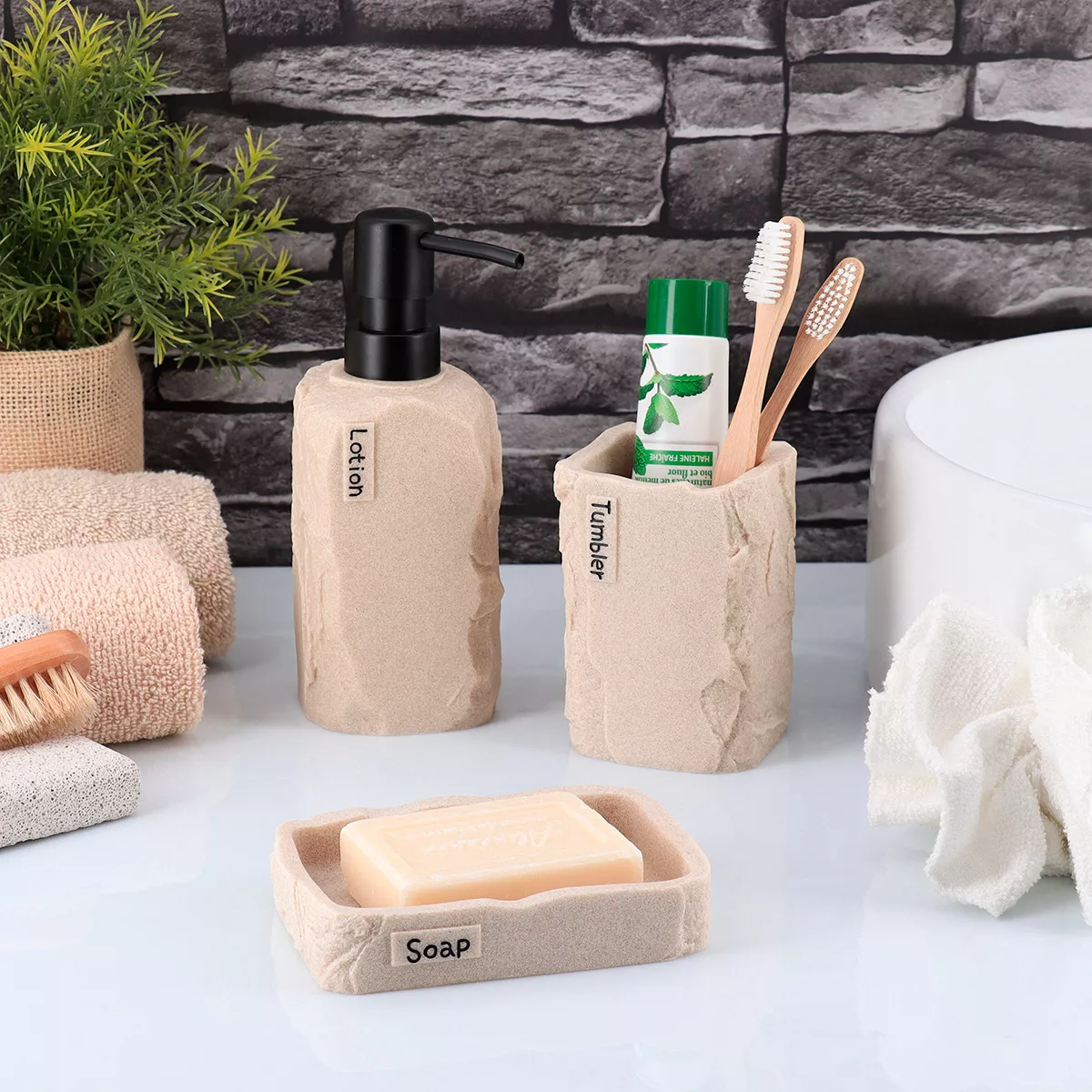 SET GOBELET DISTRIBUTEUR A SAVON ET PORTE SAVON POLYRESINE CARRE EFFET PIERRE - NATUREL
